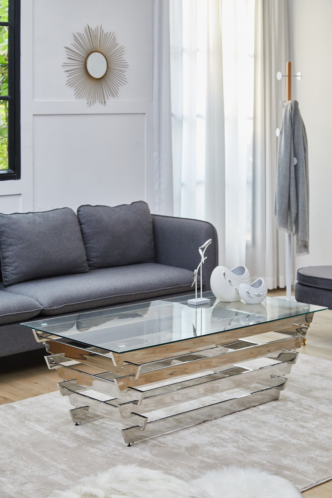 Couchtisch 130x70cm silber Sofatisch Glas Tisch Beistelltisch Wohnzimmertisch