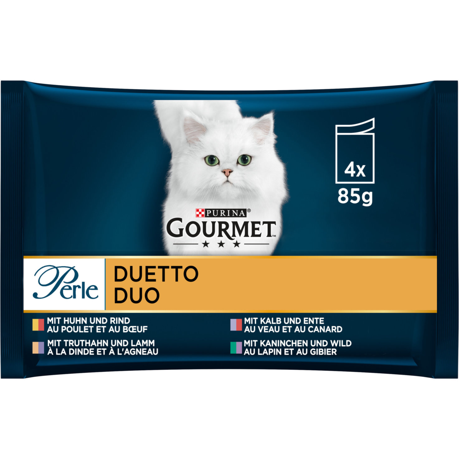 GOURMET Perle Duetto, nasses Alleinfuttermittel für ausgewachsene Katzen, 85g Portionsbeutel