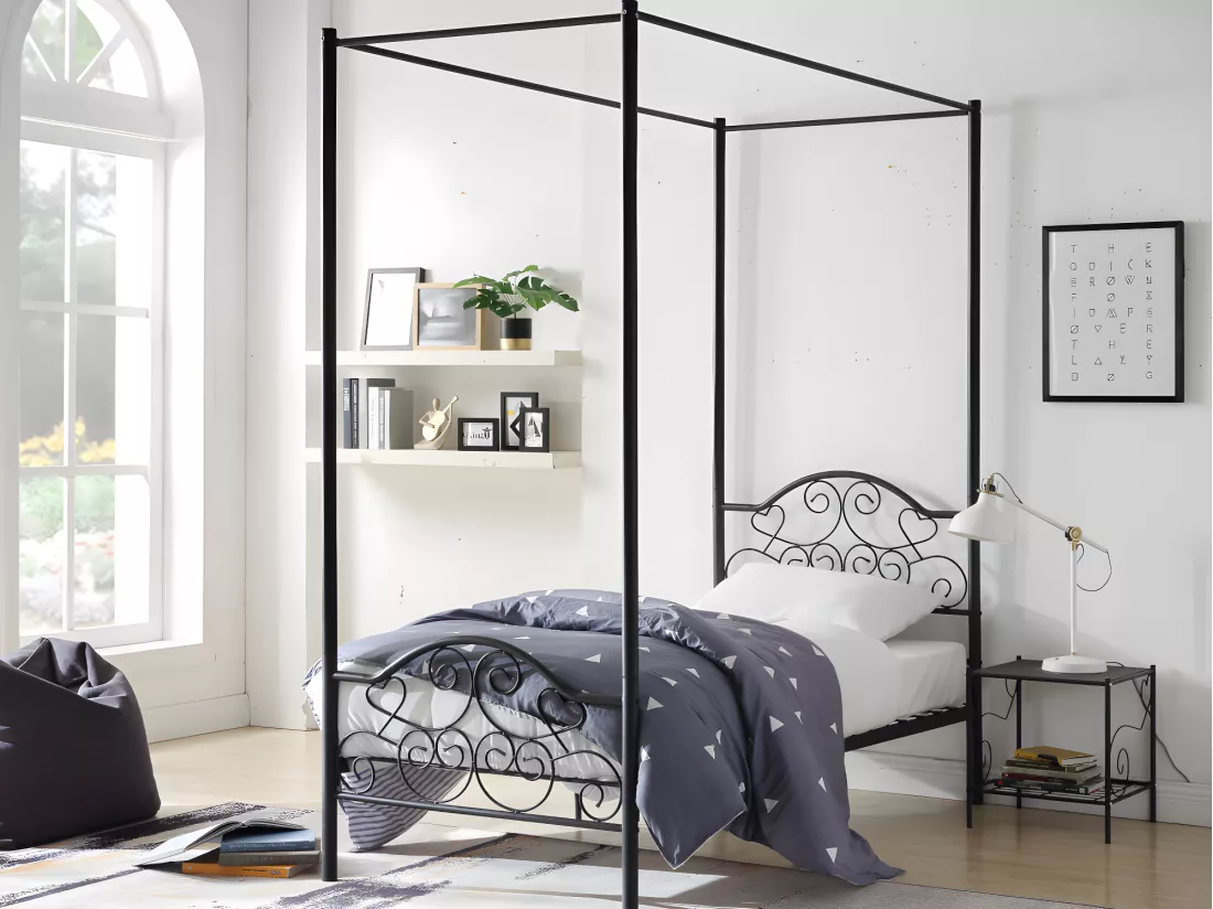 Lit à baldaquin LEYNA - 90 x 190 cm - Métal - Noir + matelas