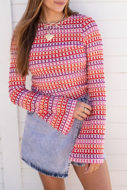 Multikleur crochet top met flared mouwen