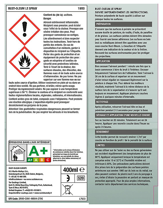 Peinture aérosol multisupport Rust-Oleum Le Spray noir mat 400ml