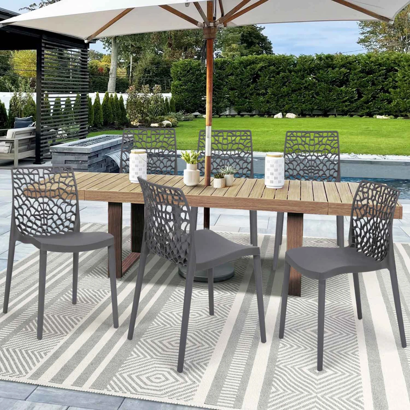 Lot de 6 chaises de jardin ALYSSA en polypropylène nid d'abeille gris anthracite