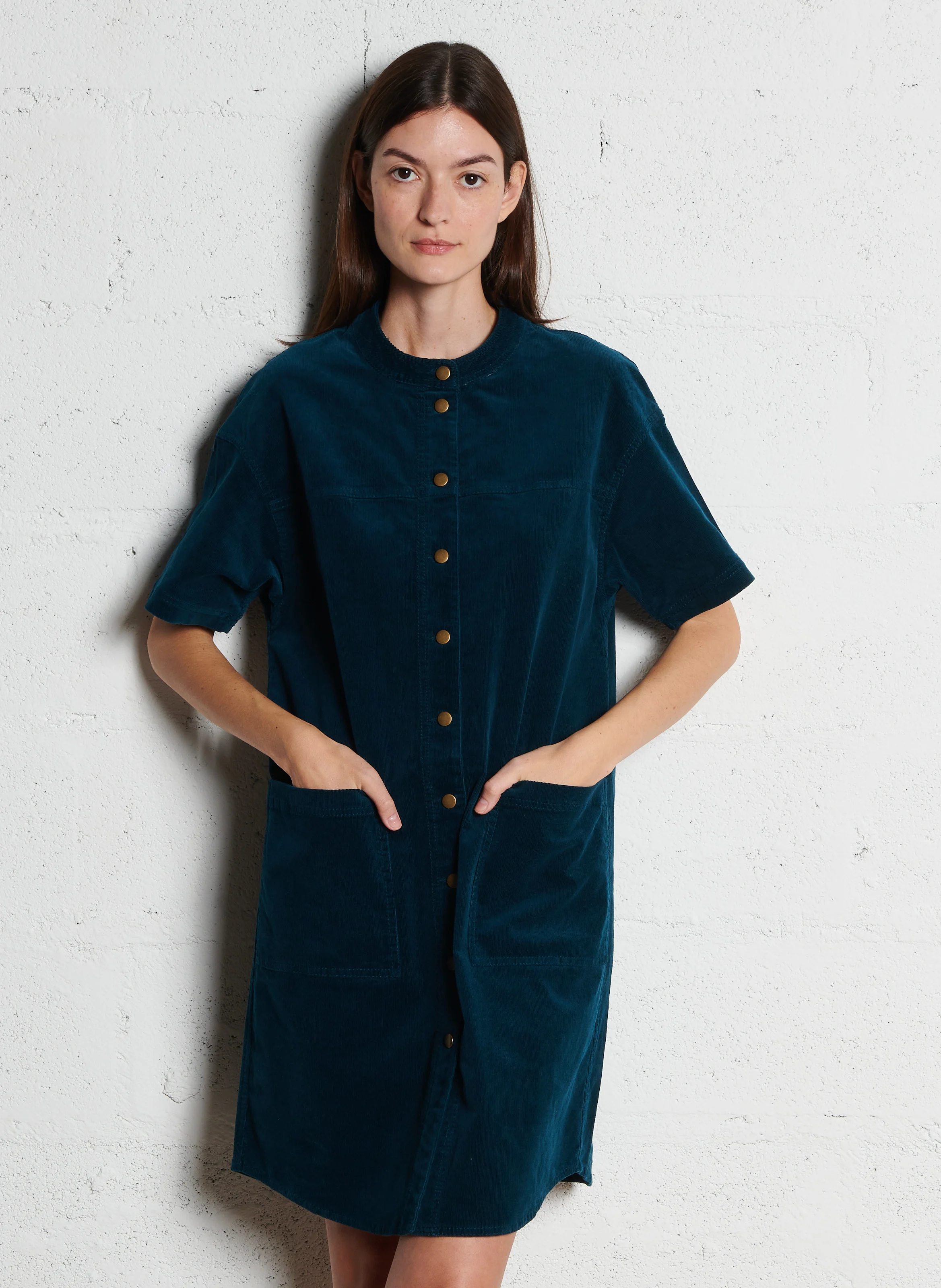 MARTHE - Robe chemise midi en velours côtelé | Bleu
