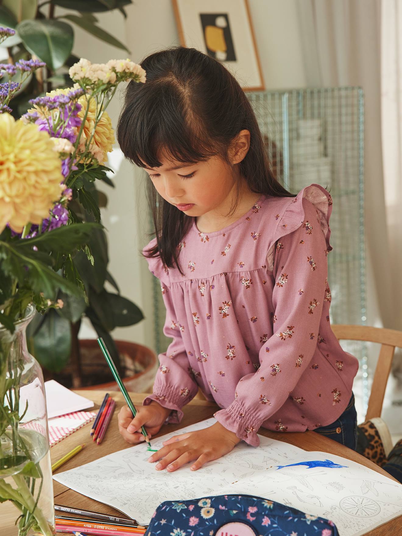 Blusa de manga comprida com flores, para meninas, azul escuro