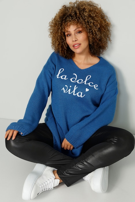 Long-Pullover, Schriftzug, V-Ausschnitt, Langarm
