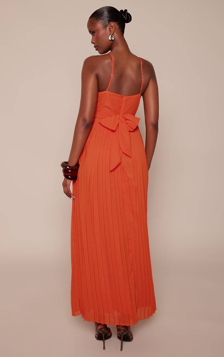Orange Robe Longue Plissée En Mousseline Avec Bretelles Fines Et Ceinture