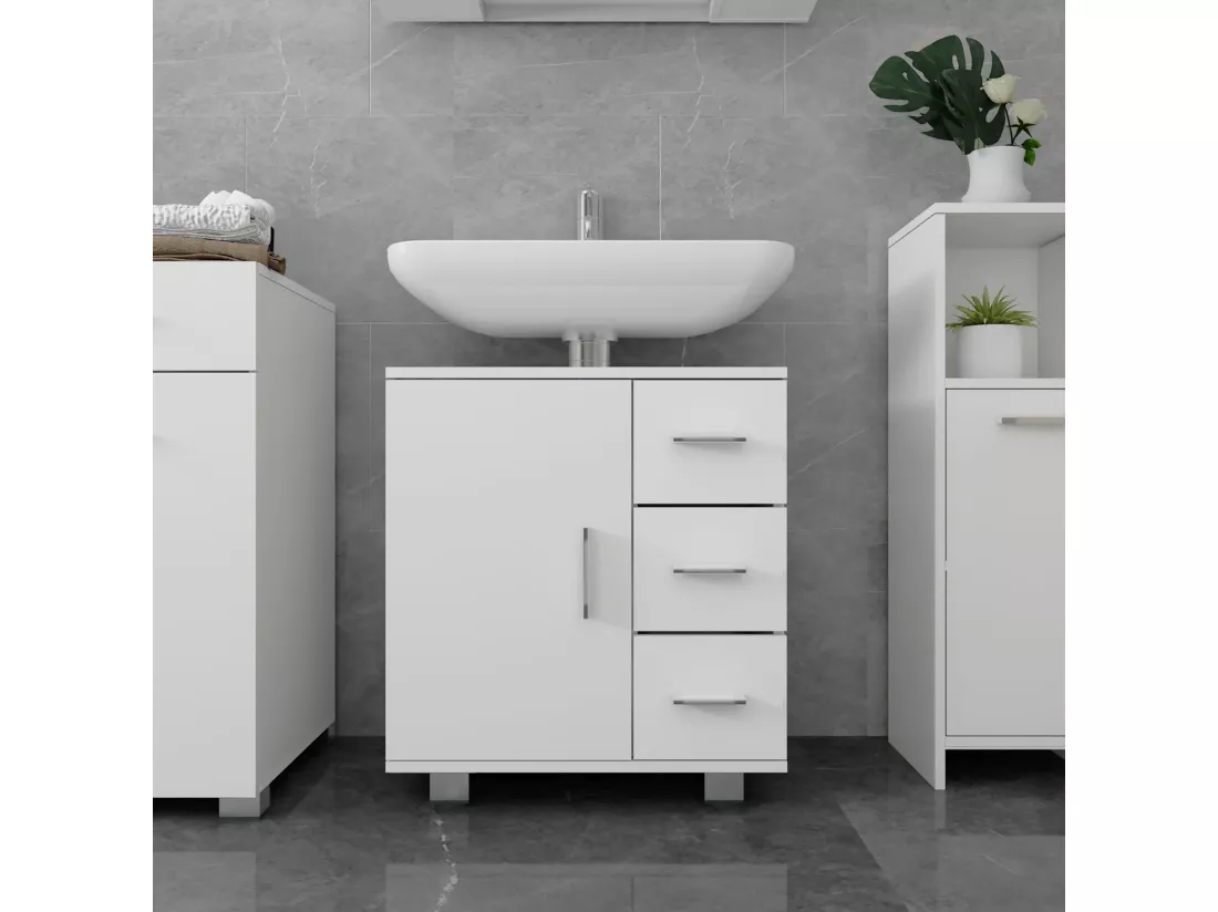 Meuble sous lavabo blanc 1 porte 2 étagères 3 tiroirs MDF mélamine ML-DESIGN