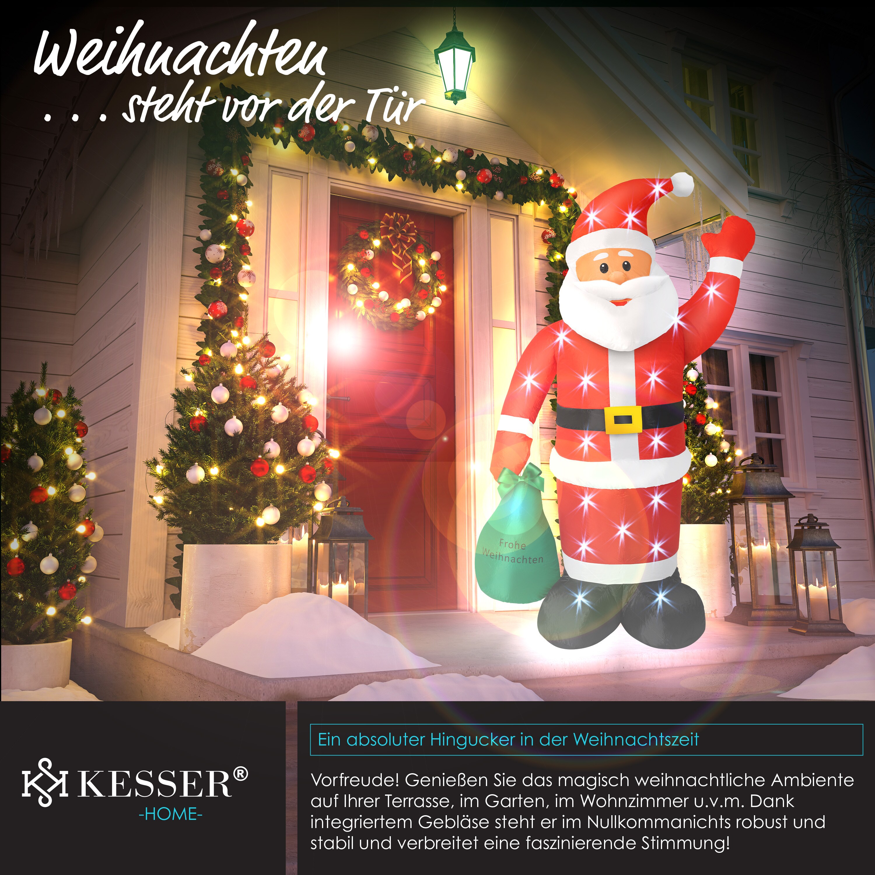 KESSER® Aufblasbarer Weihnachtsmann XXL LED beleuchtet inkl. Befestigungsmaterial Weihnachtsdekoration WeihnachtsdekoFigur , geräuscharmes Gebläse,Nikolaus Santa witterungsbeständig IP44