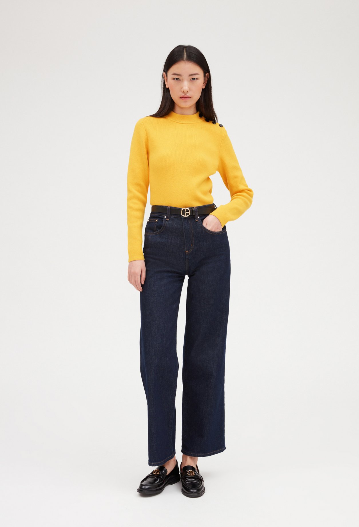 Pull maille jaune col montant