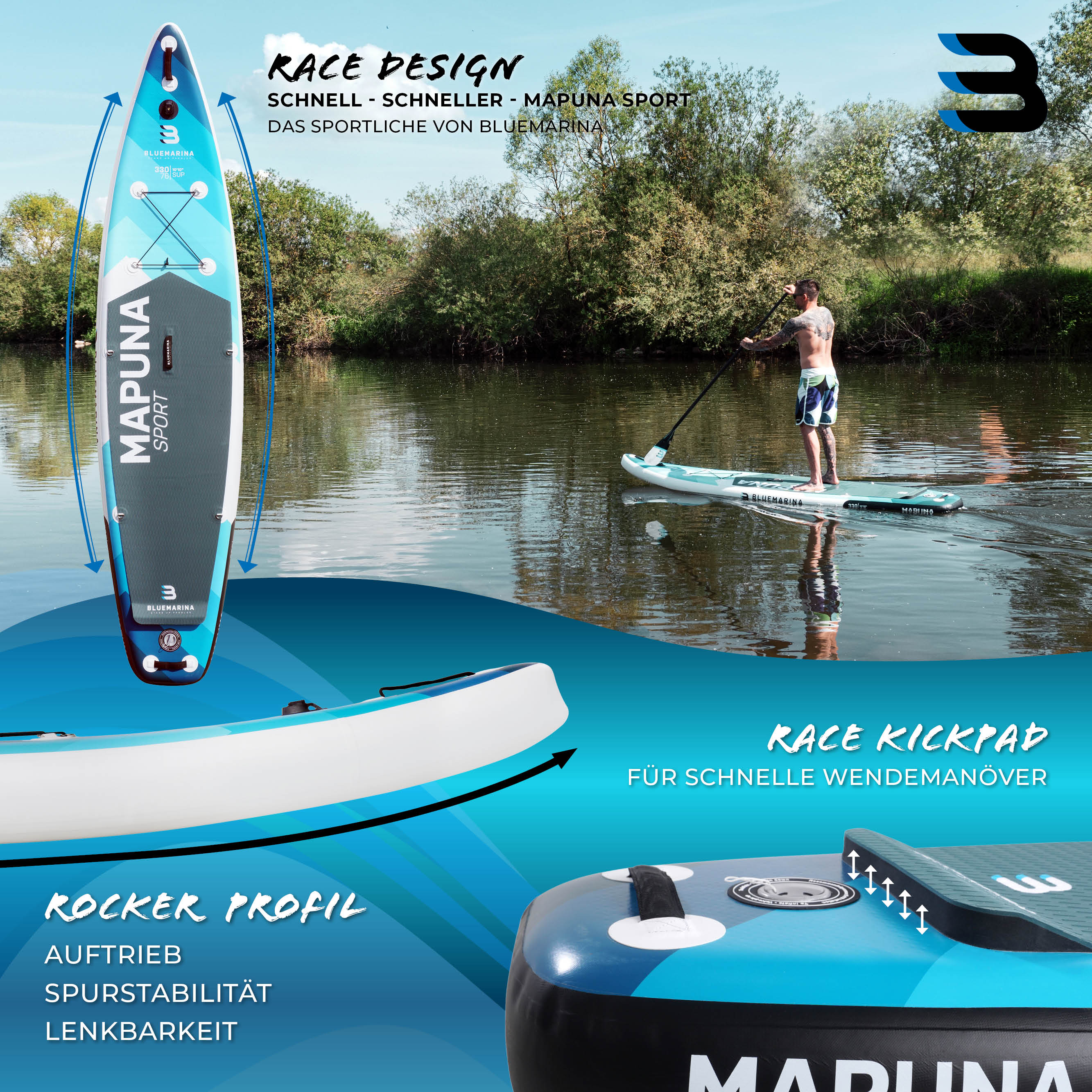 Bluemarina SUP Board Mapuna Sport, Kickpad, Double Layer, Paddel, Pumpe, Rucksack, 5J Garantie