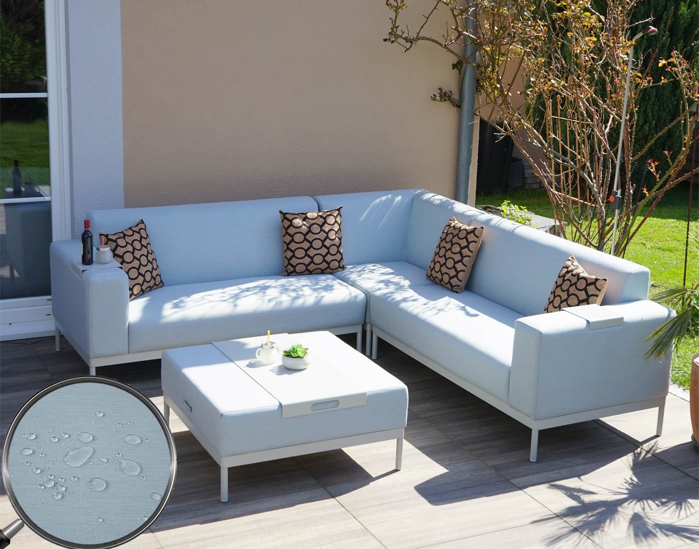 Alu-Garten-Garnitur MCW-C47, Sofa, Outdoor Stoff/Textil ~ blau mit Ablage, Kissen braun