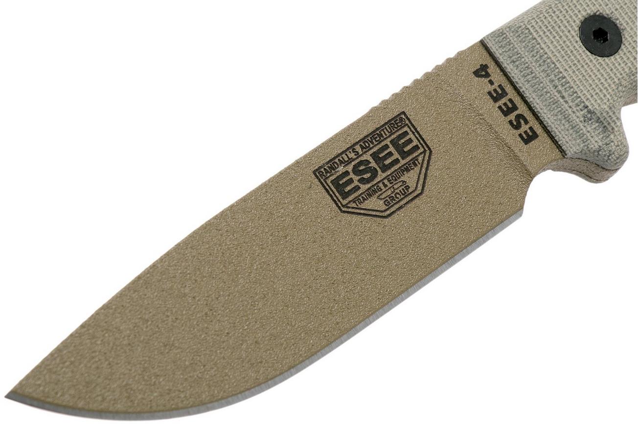 ESEE Model 4 dark earth blade, grey handle 4P-MB-DE met zwarte schede   clip en MOLLE-back