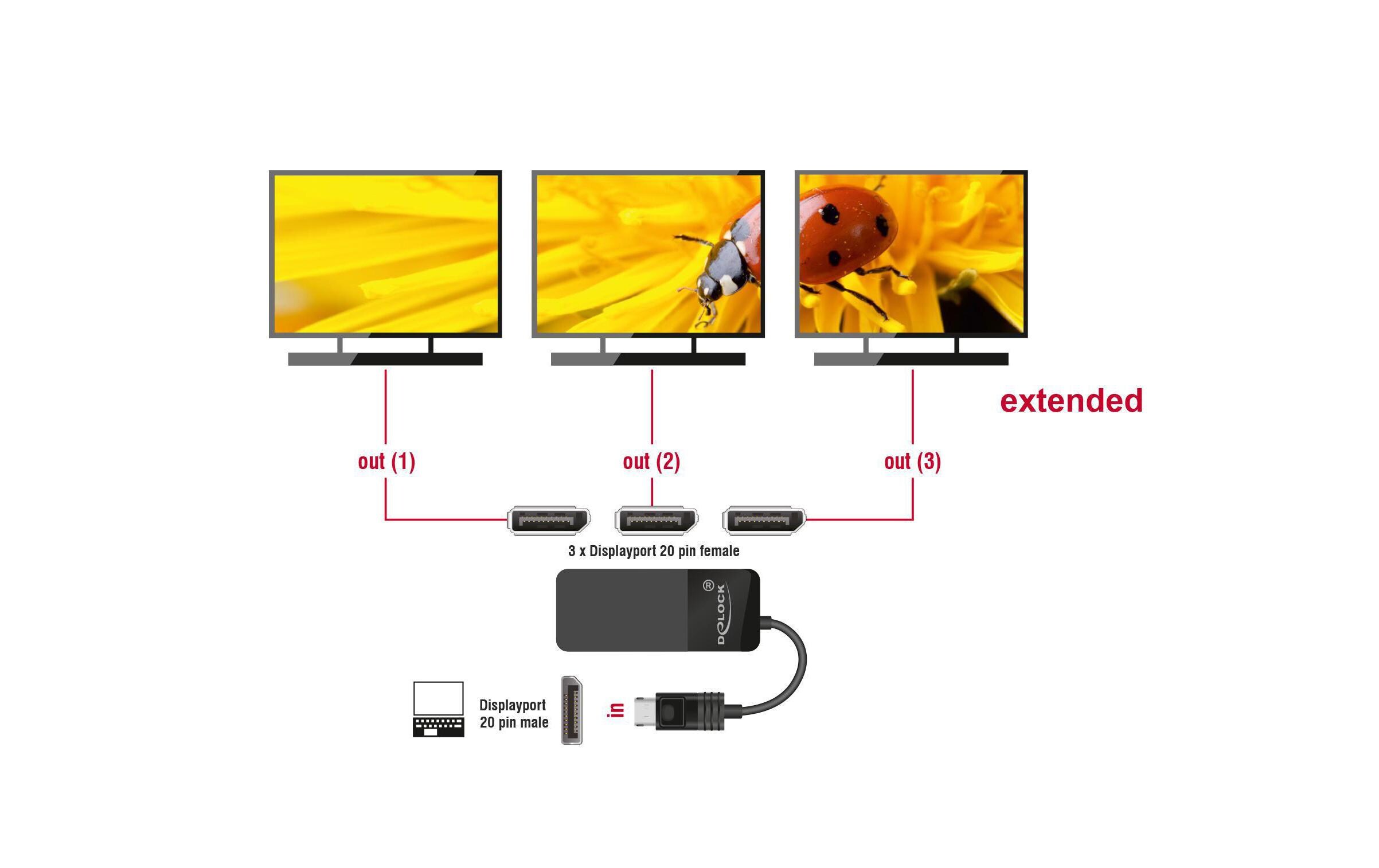 3-Port Signalsplitter Displayport, 4K/60Hz unterstützt MSTDelock DisplayPort 1.4 Splitter 1 x DisplayPort in > 3 x DisplayPort out