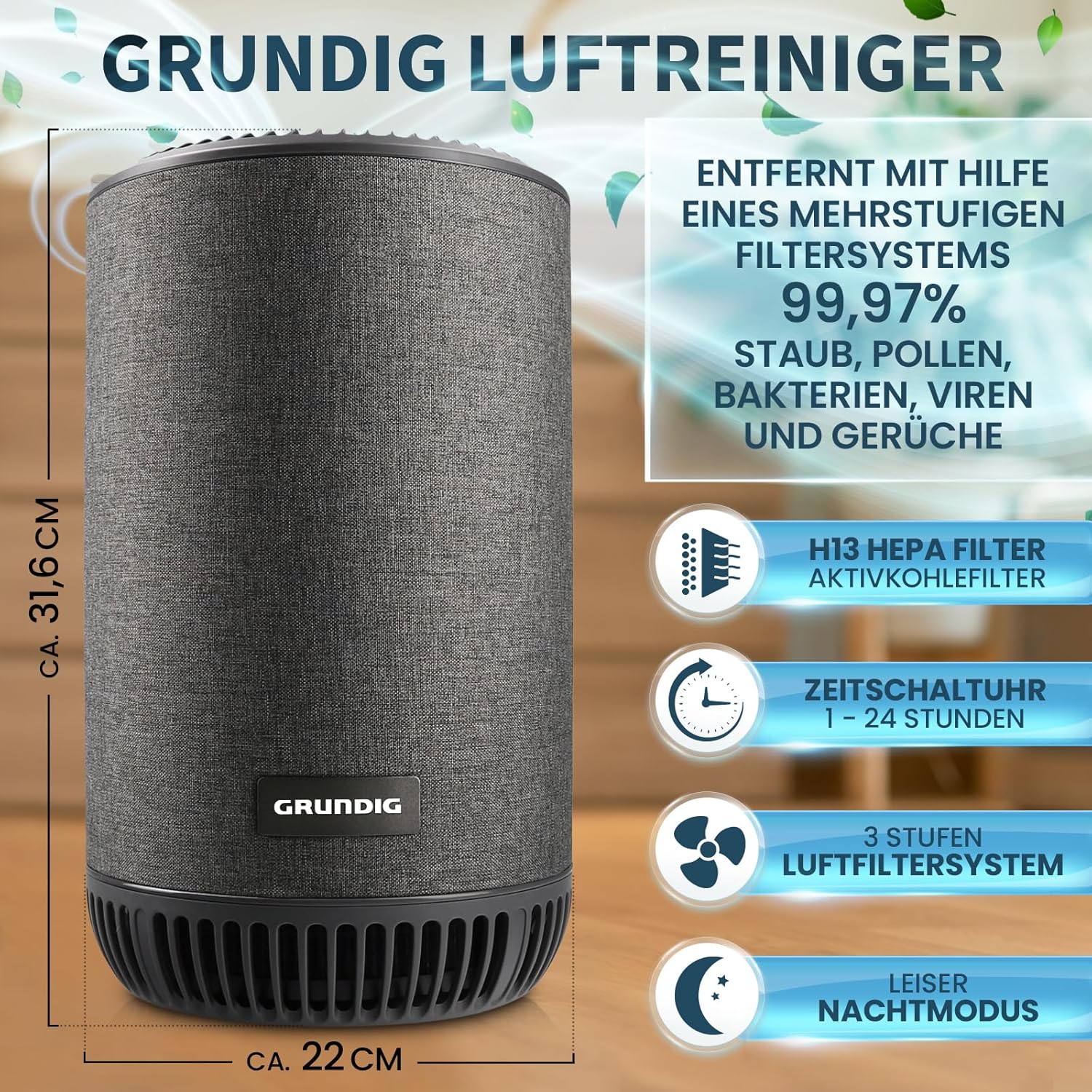 Grundig Luftreiniger Allergiker Air Purifier - Extra leise Hepa Filter + AKTIVKOHLEFILTER filtert 99,9% Schimmel Staub Pollen Viren Raucherzimmer, Luftqualitätsanzeige - 49m2 (Luftreiniger)