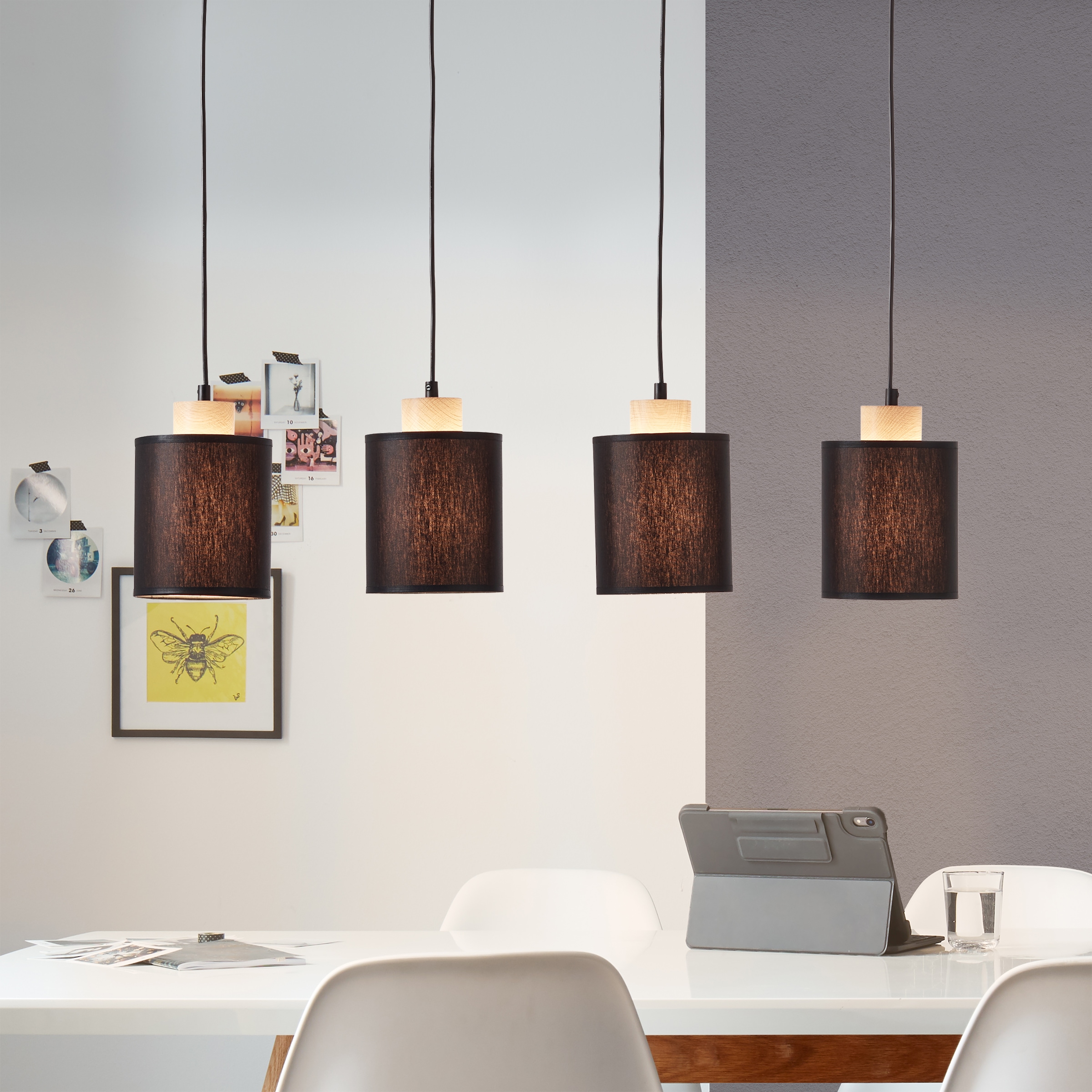 Brilliant Pendelleuchte »Vonnie« E27 1 Stk. Stoffschirme, 111cm Höhe, 80 cm Breite, 4 x E27, kürzbar, schwarz/holz