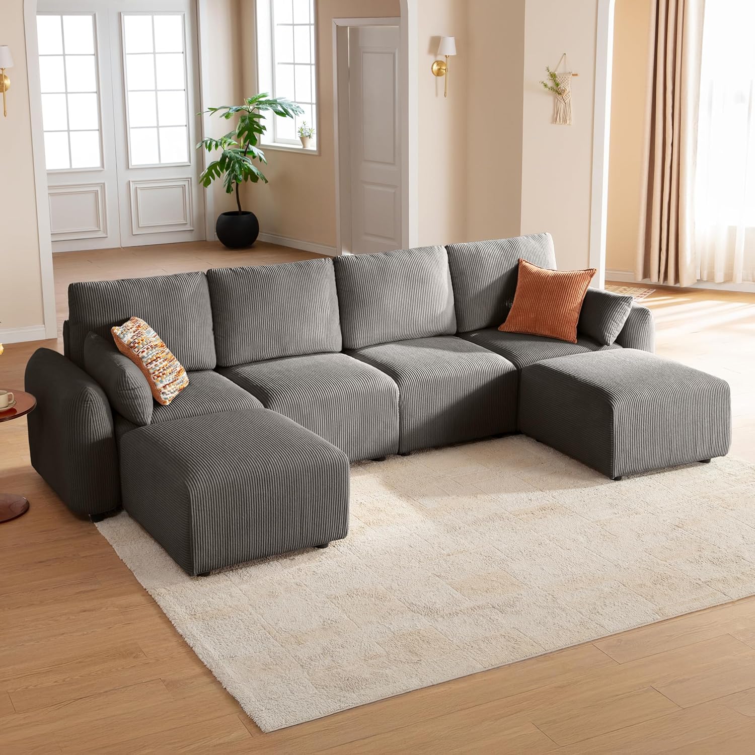 Modulares Wohnlandschaft Ecksofa 324cm, modernes Cord-Schlafsofa in U-Form mit Hocker, individuell konfigurierbare Couch, hochdichter Memory-Schaum, abnehmbare & waschbare Kissenbezüge, Grau