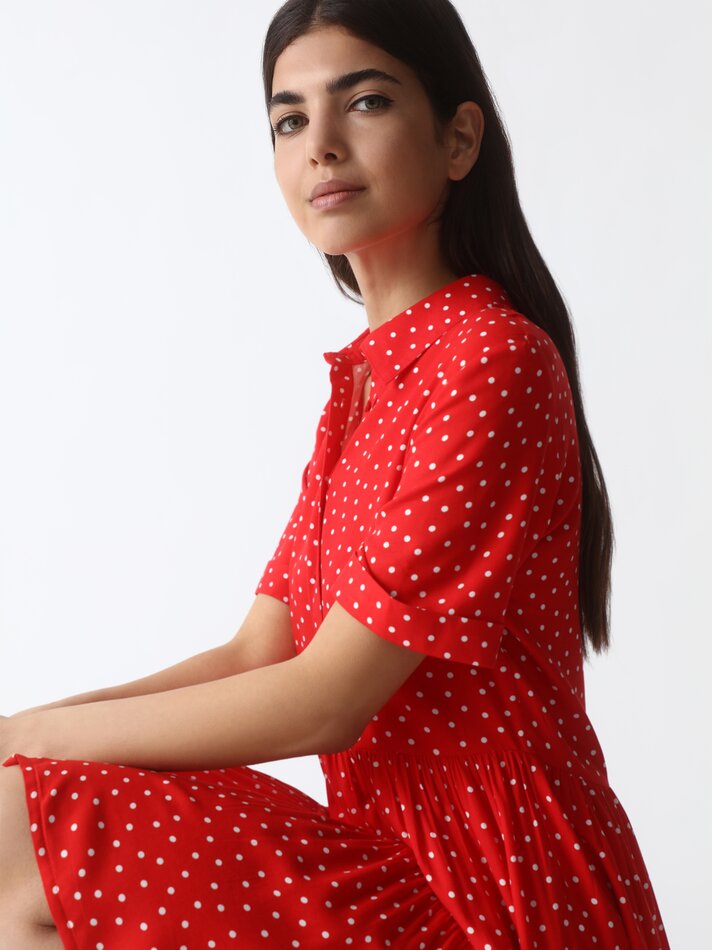 Vestido camisa evasê - Branco/vermelho