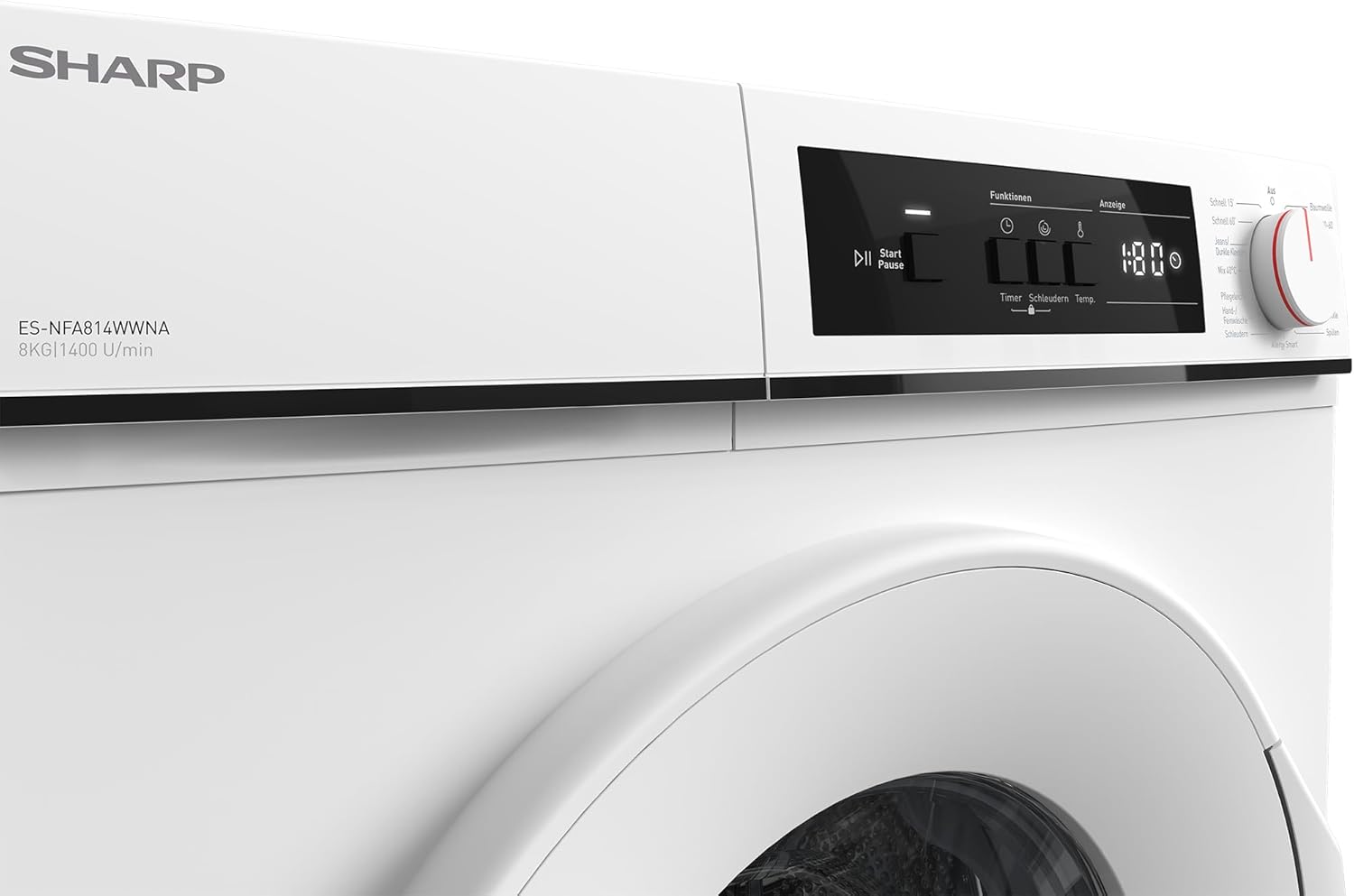 Sharp ES-NFA814WWNA-DE Waschmaschine Frontlader/A / 8 kg / 1400 U/min/Inverter Motor / 15 Programme inkl. 12 min Kurzprogramm/AquaStop/Weiß