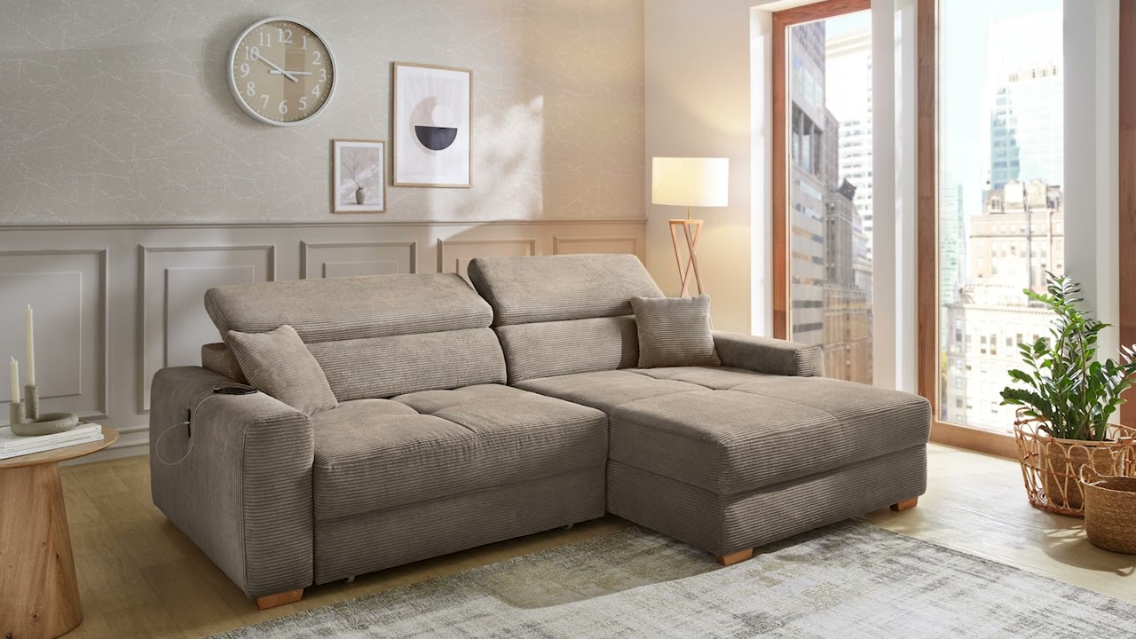 Ecksofa Track Stoff beige mit elektrischer Vorziehbank