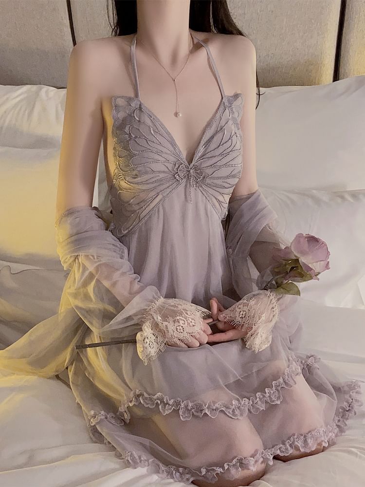Sweetzer - Halter vlinder geborduurde ruche nachtjapon / paneel kant kamerjas / set