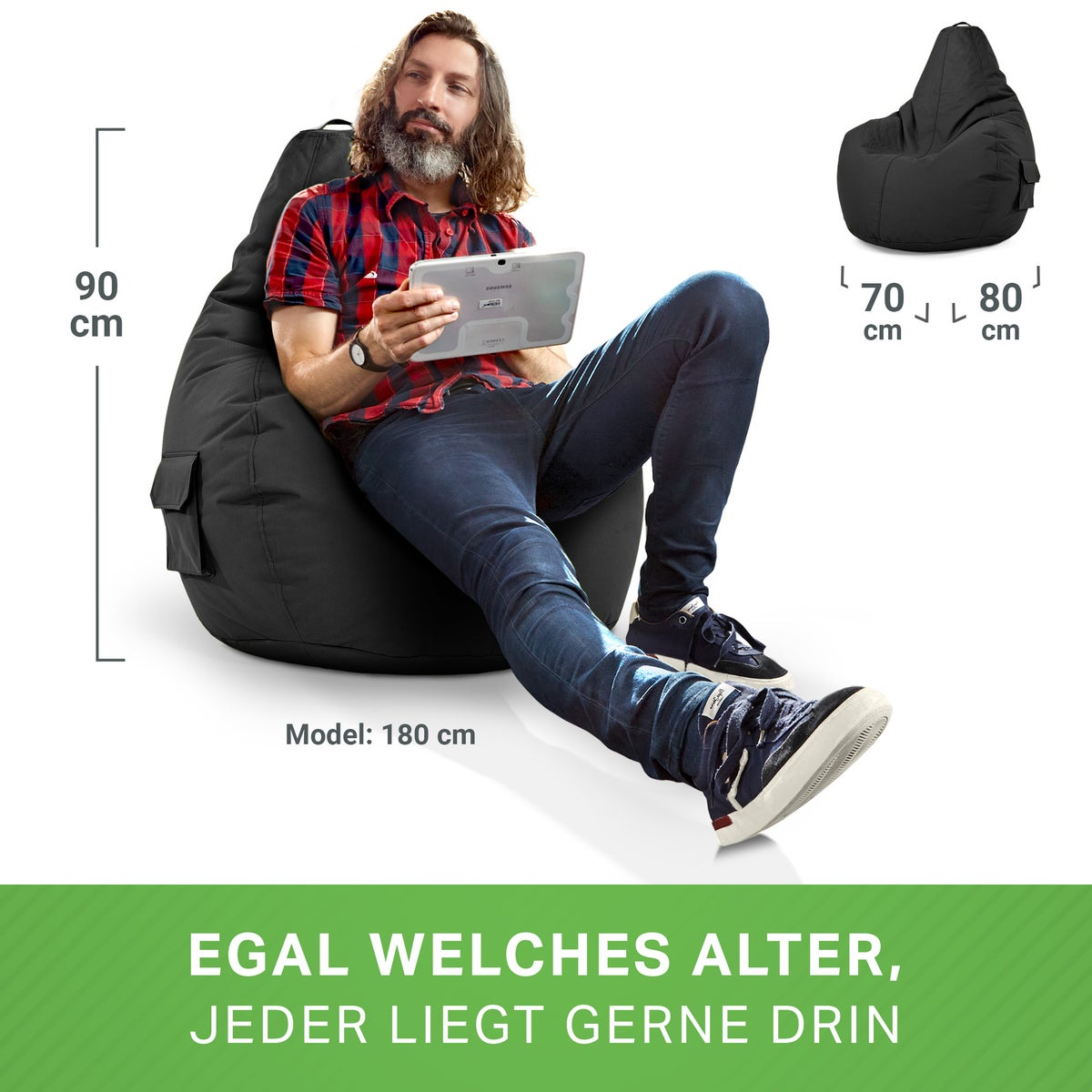 Green Bean Zitzak met rugleuning 80x70x90cm - Gaming stoel met 230L vulling, comfortabel, zacht, wasbaar - Zitzak vloerkussen, loungestoel, voetenbank, relaxstoel, gamer gaming stoel, zwart