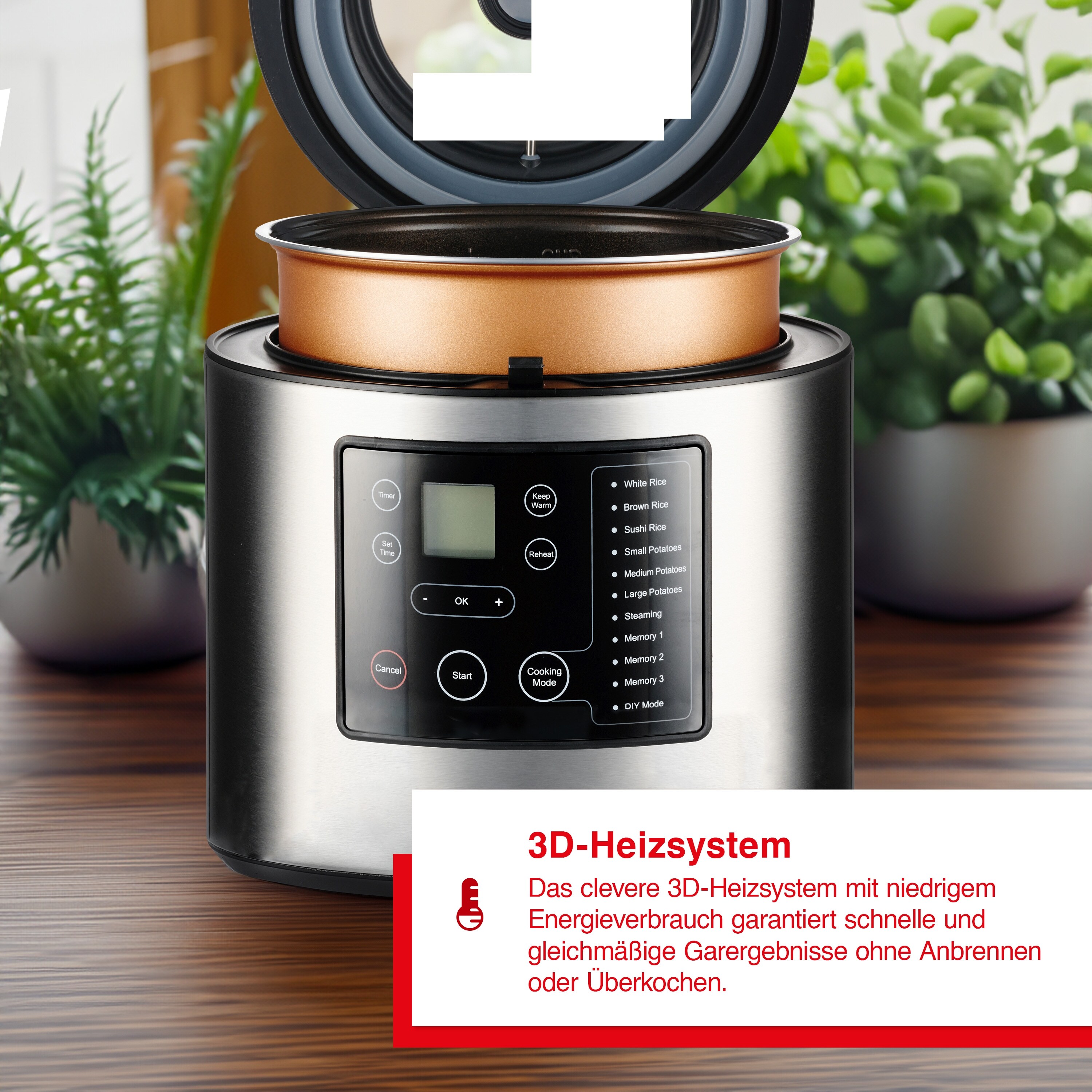 Solis Reiskocher & Dampfgarer, 850 W, 5L Volumen, 3D Heizsystem, Timer