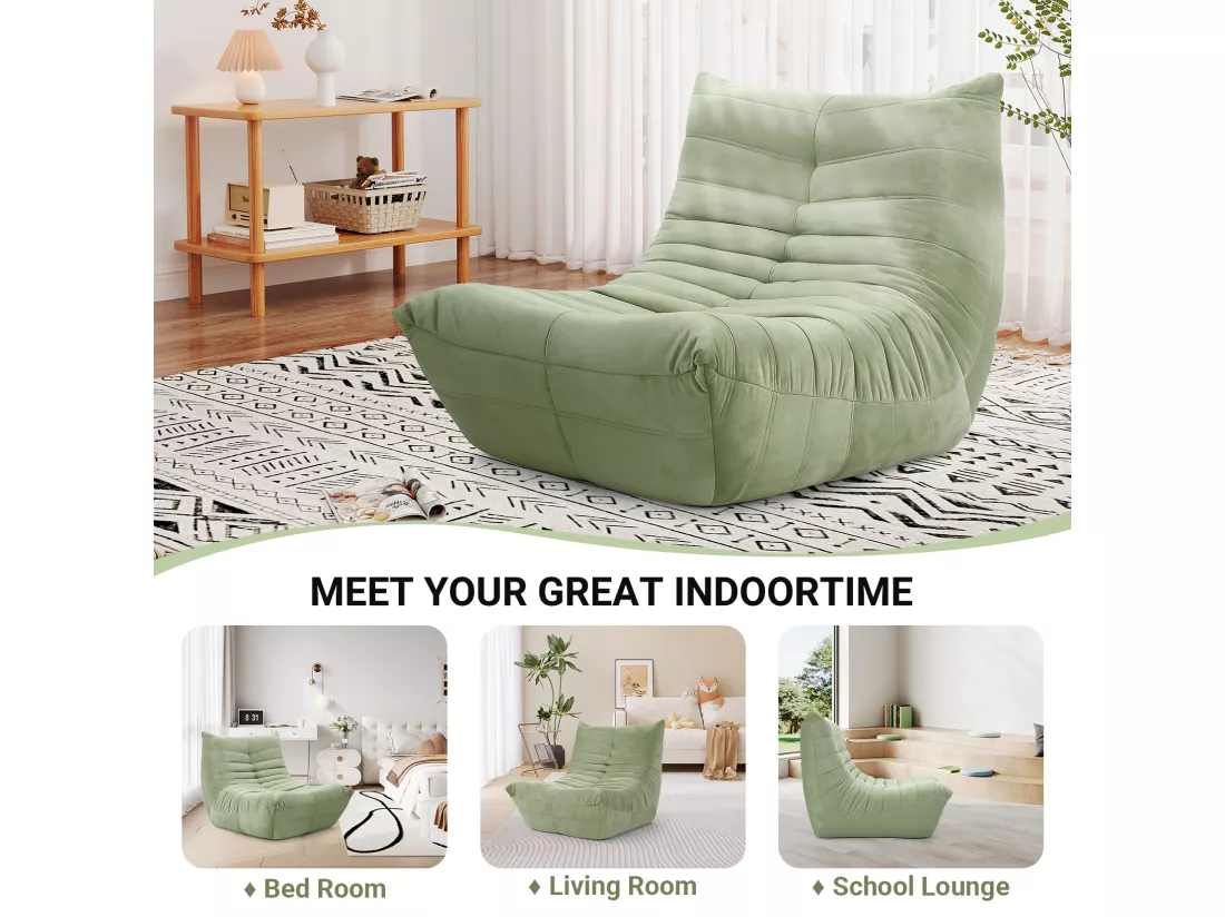 Fauteuil paresseux en tissu Chenille vert - assise profonde 62cm - 80x85x84cm
