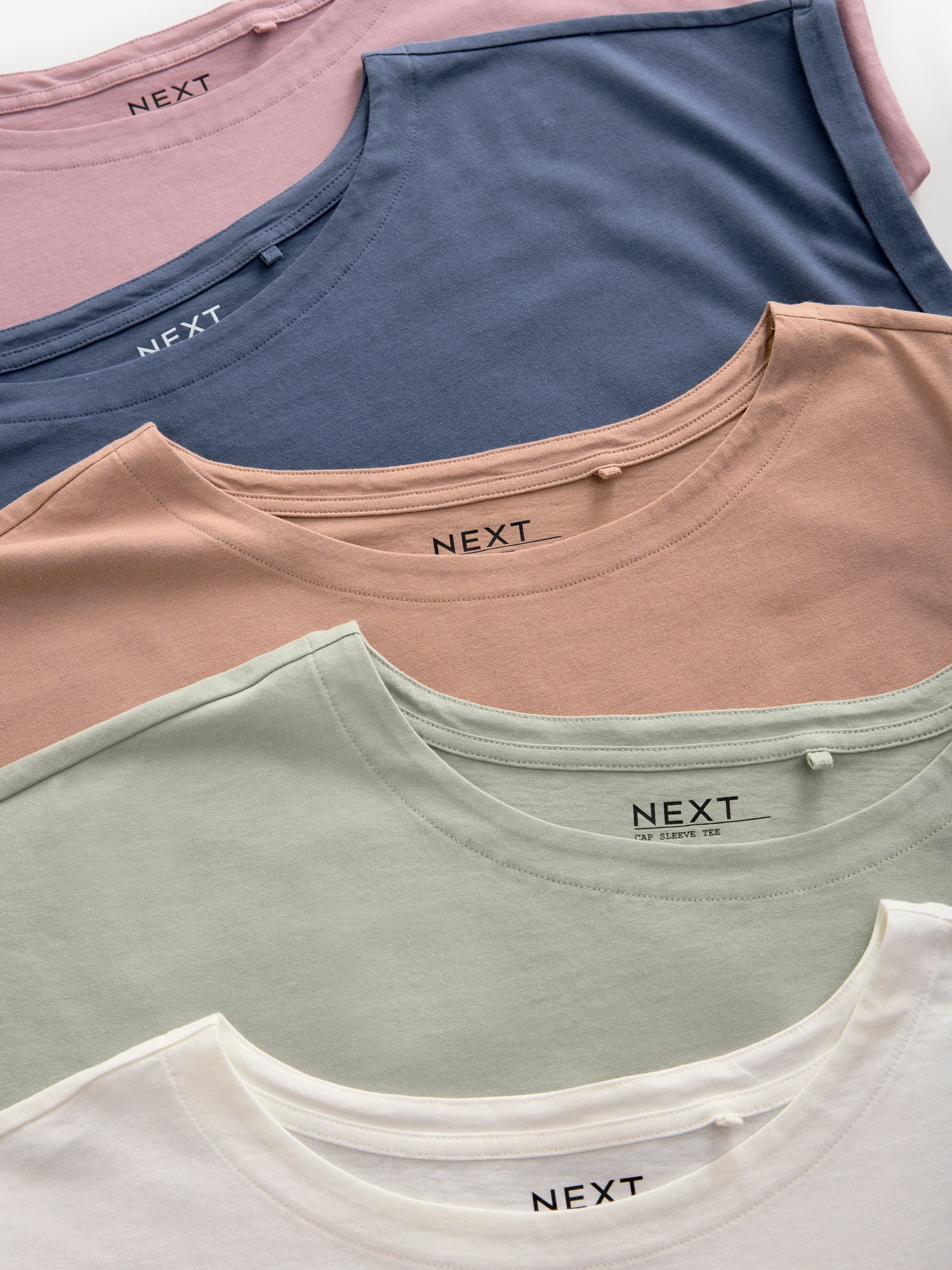 Ecru/Taupe/Bruin/Blauw/Geel - Set van 5 T-shirts met kapmouwtjes