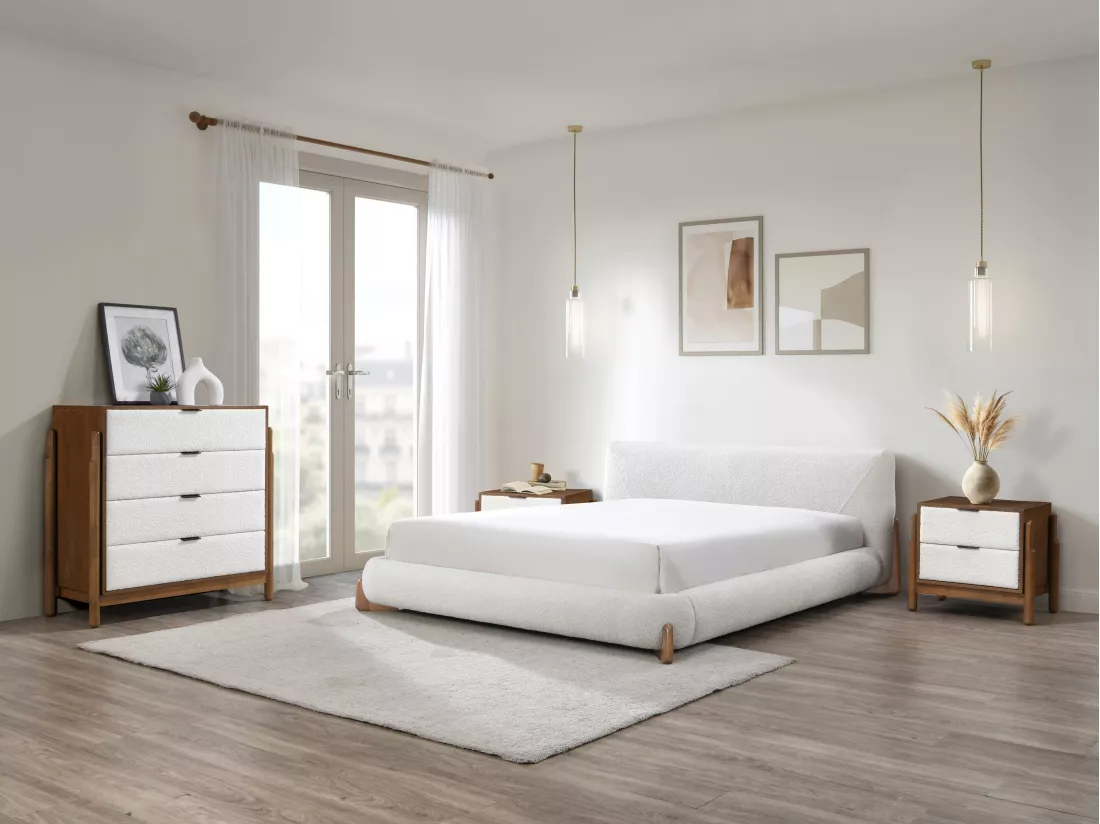 Commode 4 tiroirs - Tissu bouclette - Coloris : Naturel et blanc - GAMURA