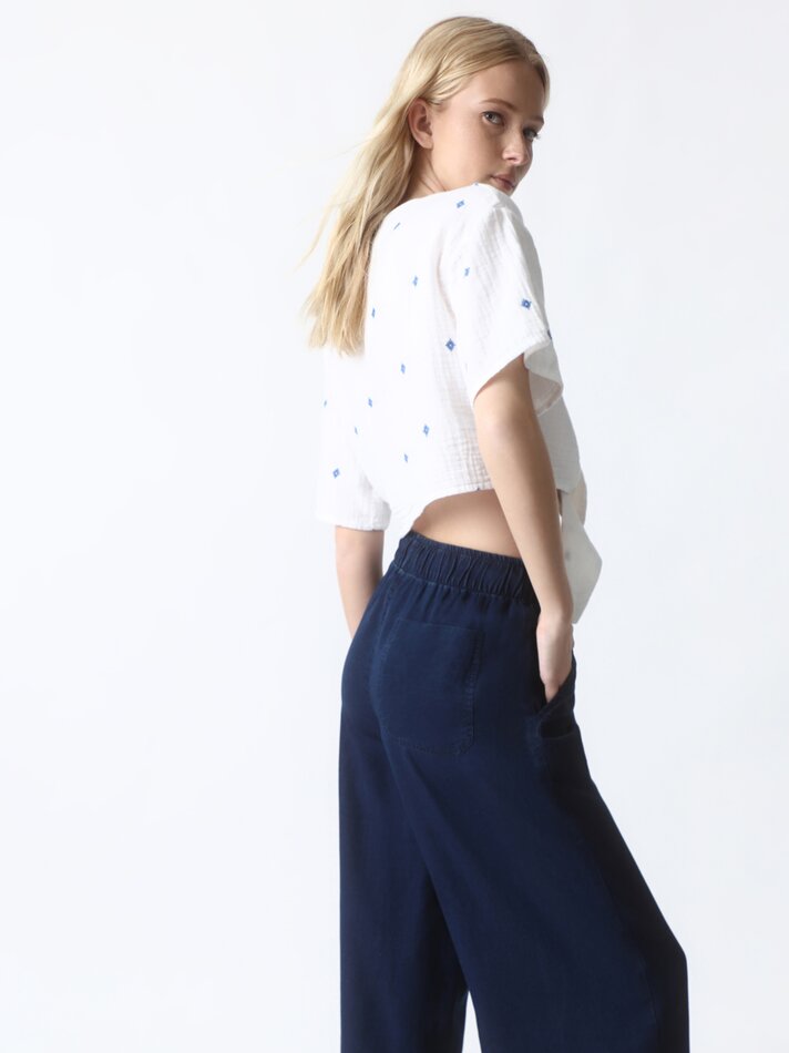 Calças culote em denim leve - Azul-marinho