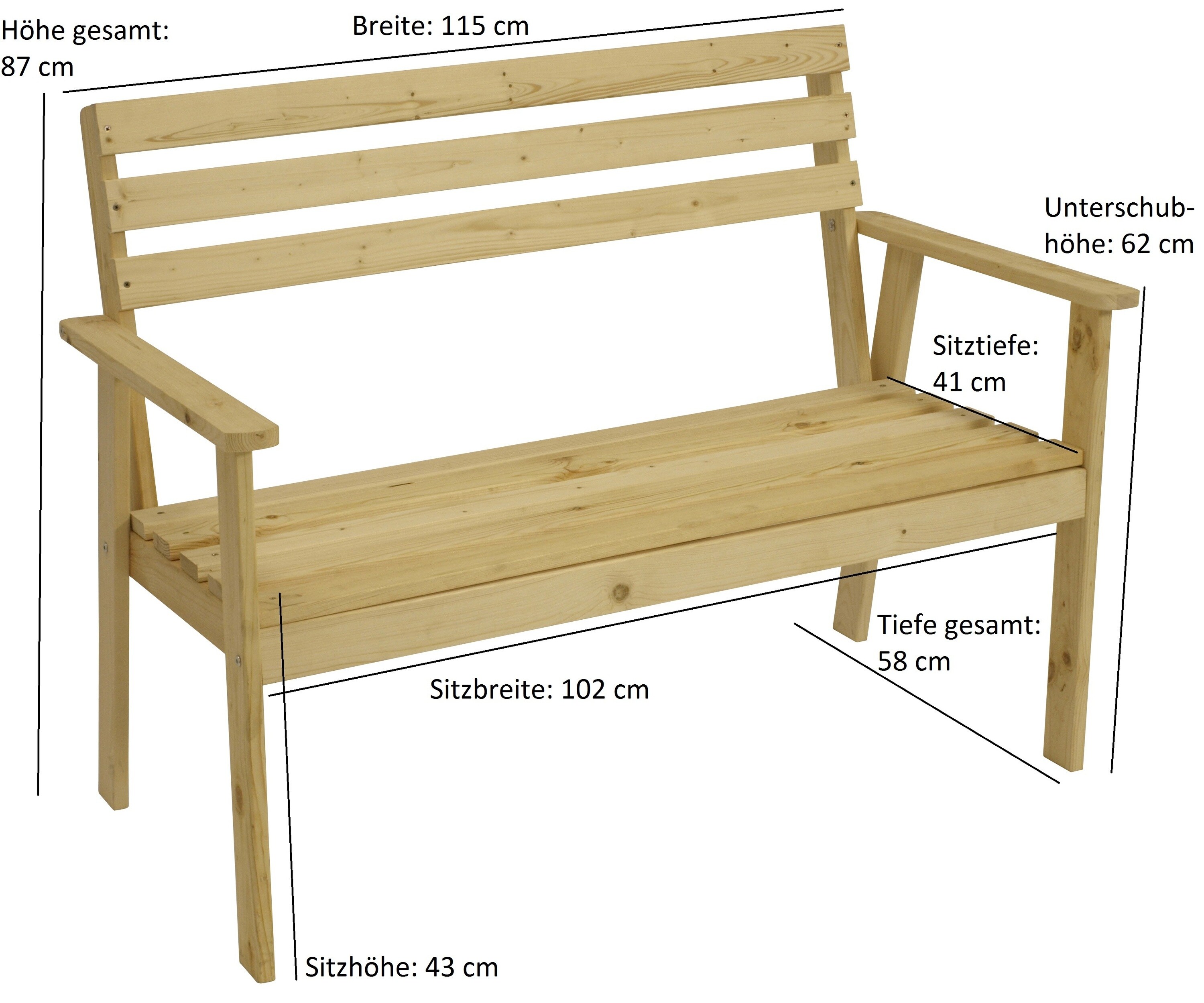 DEGAMO Bank LINDAU 2-sitzer 115cm, Kiefer natur
