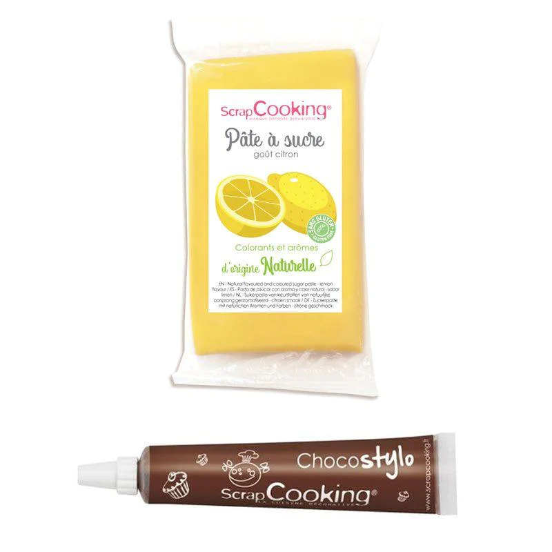 Pâte à sucre jaune 250 g arôme citron + Stylo chocolat Scrapcooking