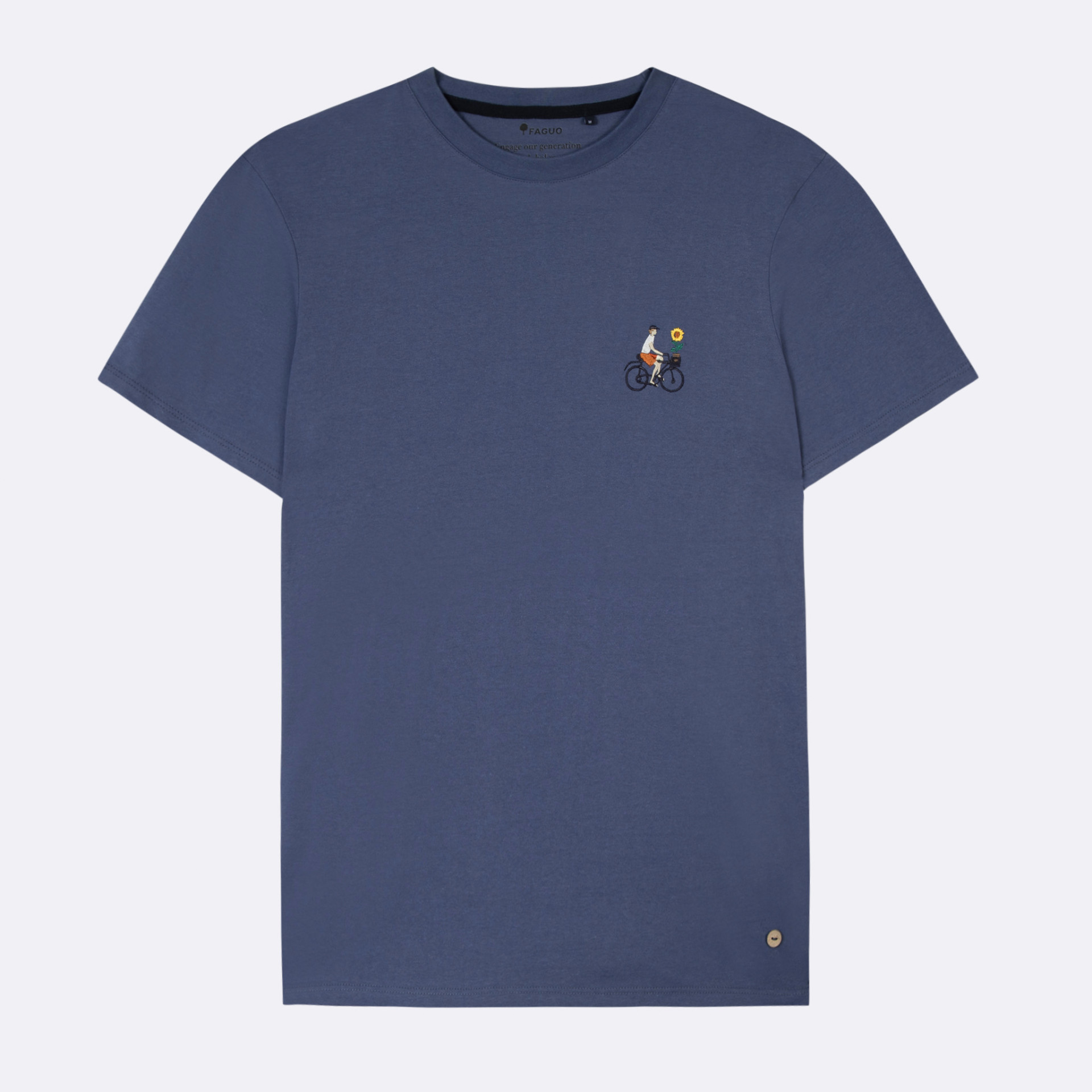 T-shirt bleu vélo brodé coton et coton recyclé - modèle arcy
