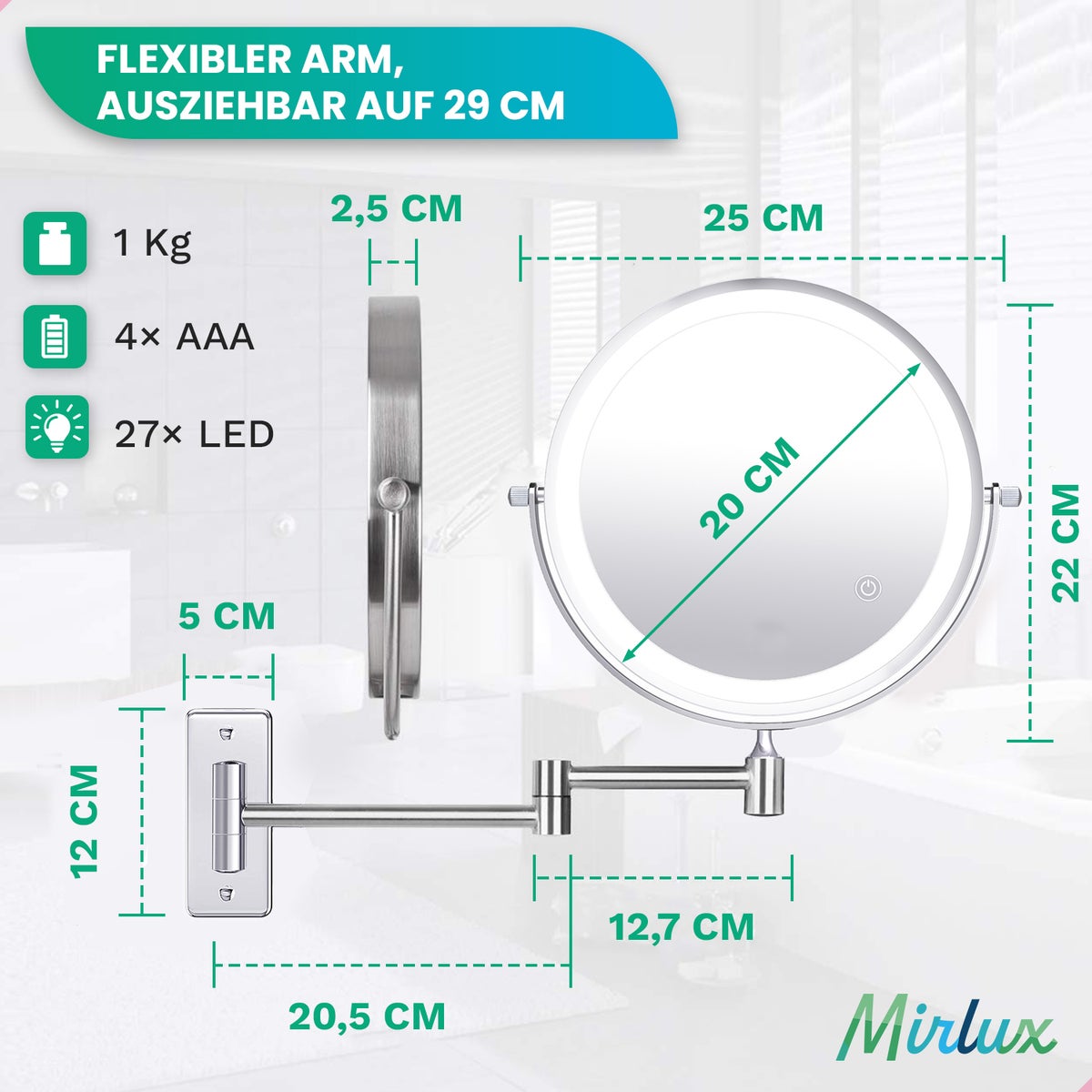 Mirlux cosmeticaspiegel met LED-verlichting, 5x vergroting, rond, 3 lichtstanden, chroom, werkt op batterijen