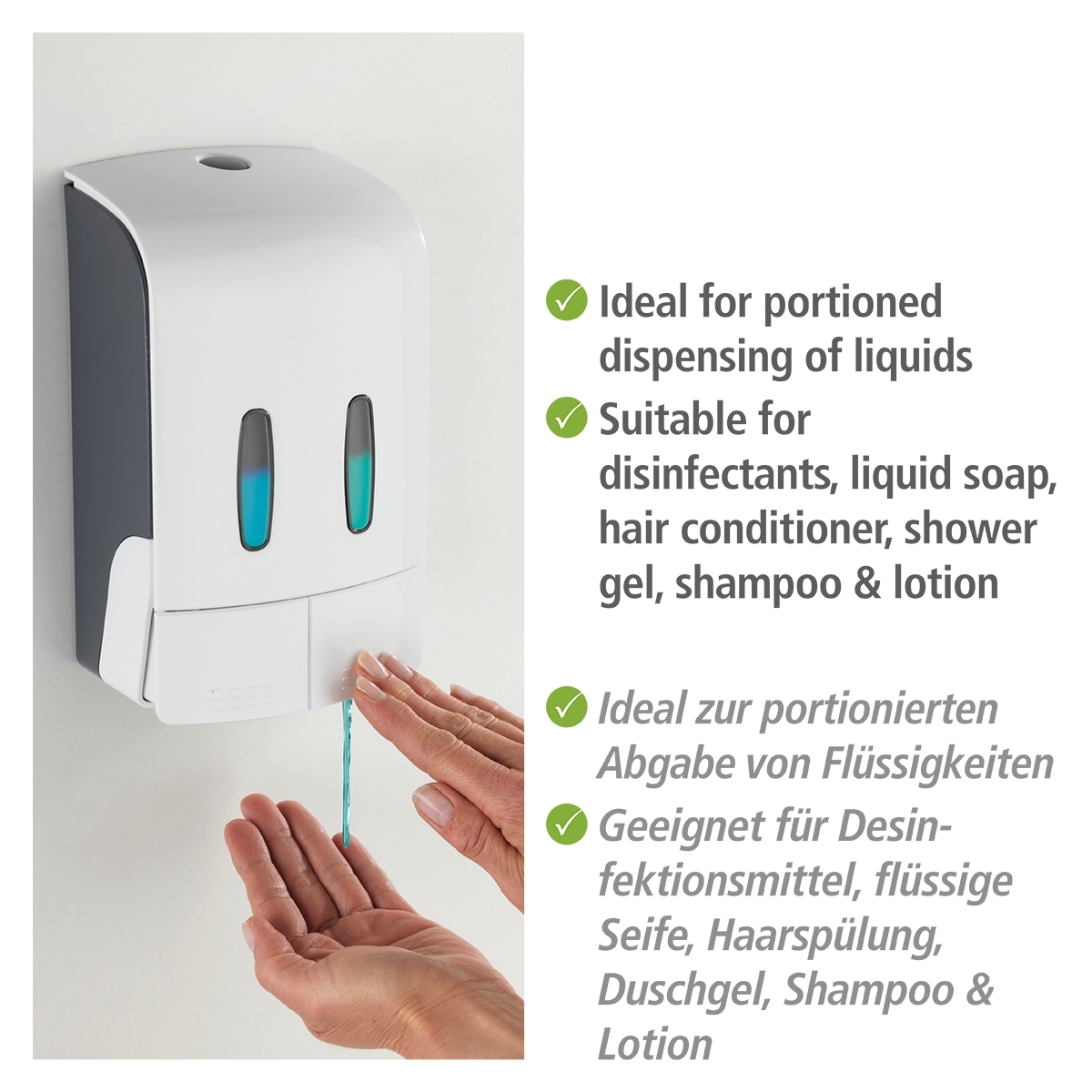 Wenko Tartas desinfectie & zeep wanddispenser 2x480 ml kunststof wit mat