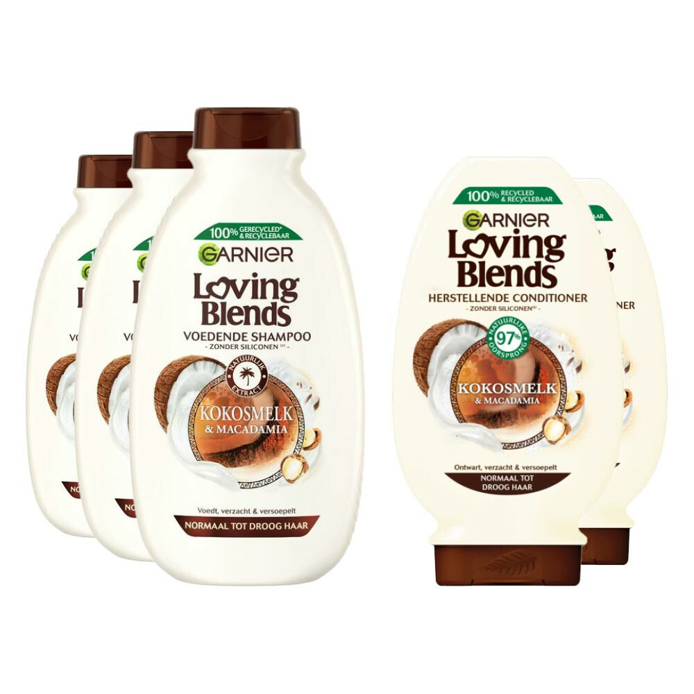Garnier Loving Blends Kokosmelk en Macadamia - Shampoo - 3x 300 ml & Conditioner 2x 250 ml - Pakket