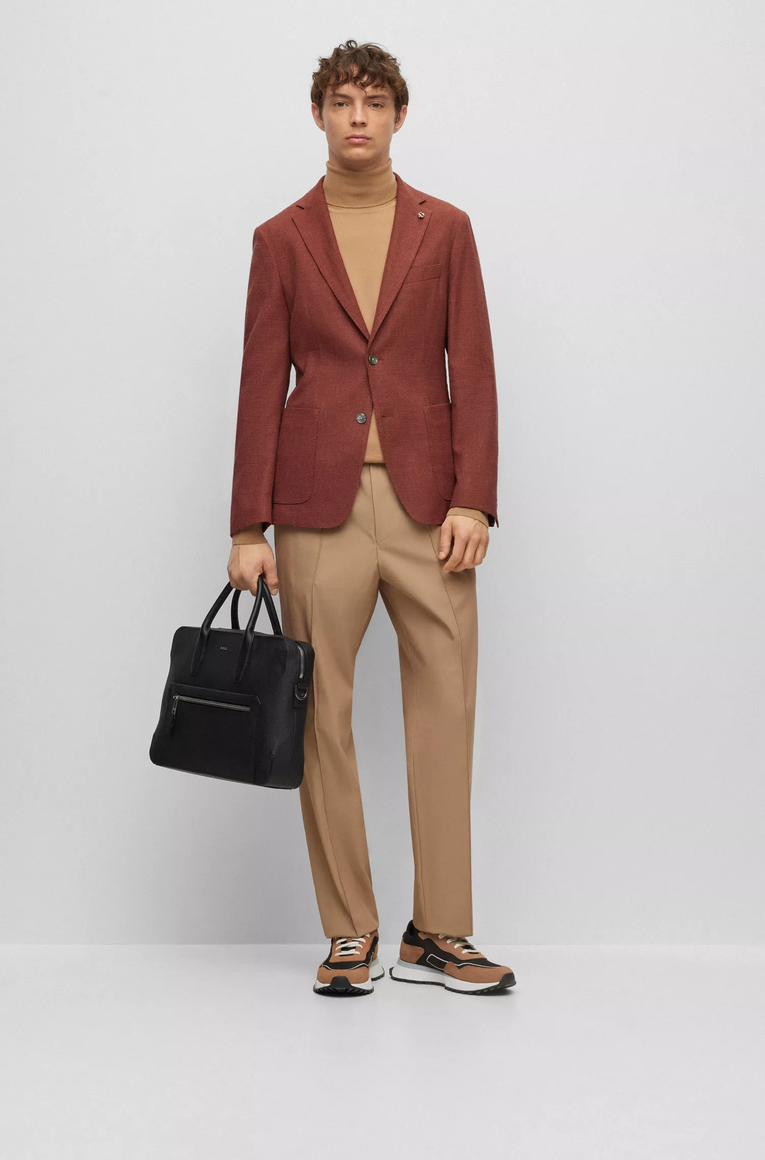 Jaqueta slim fit BOSS preta com microestampa em mistura de algodão.