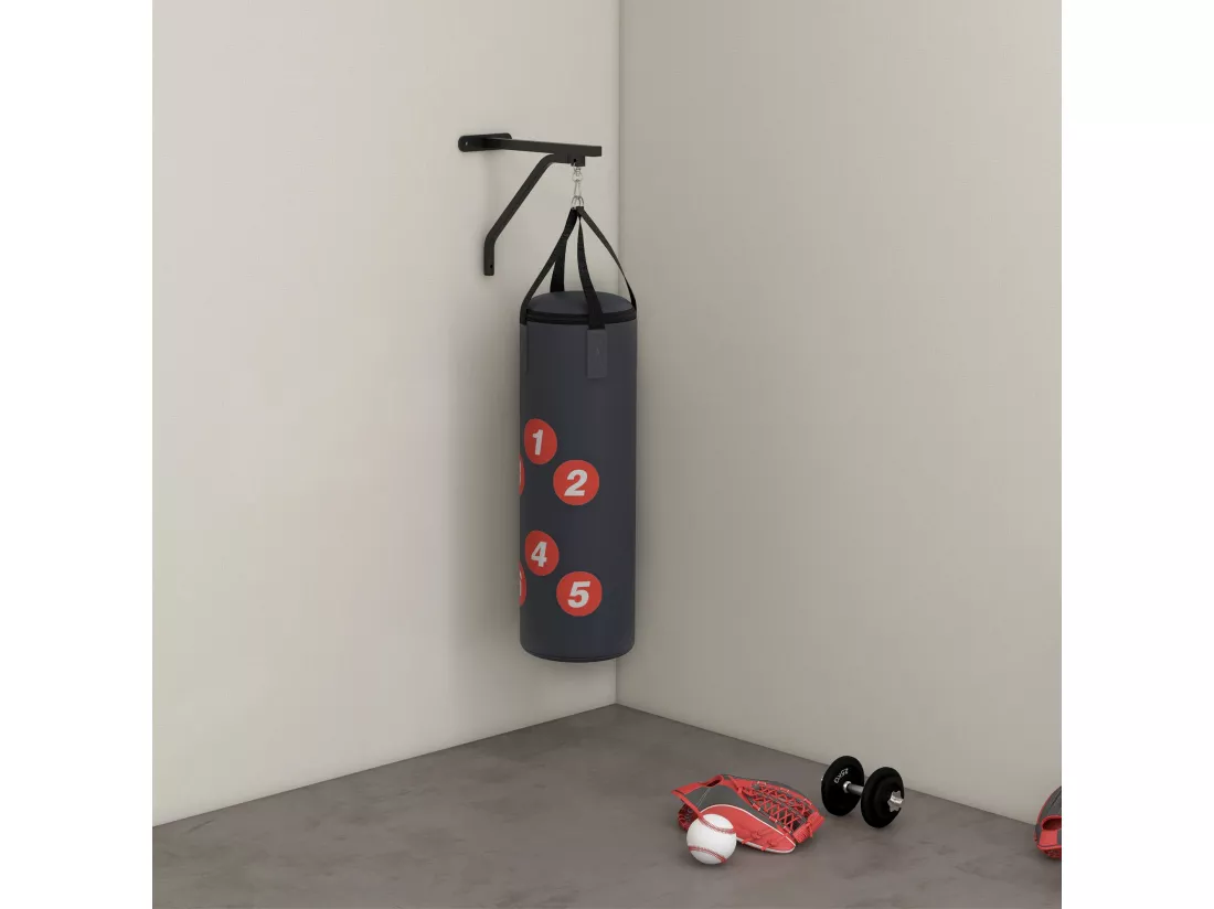 Sac de frappe boxe - support mural, crochet pivotant, gants, bandes inclus - à remplir - acier PU rouge gris
