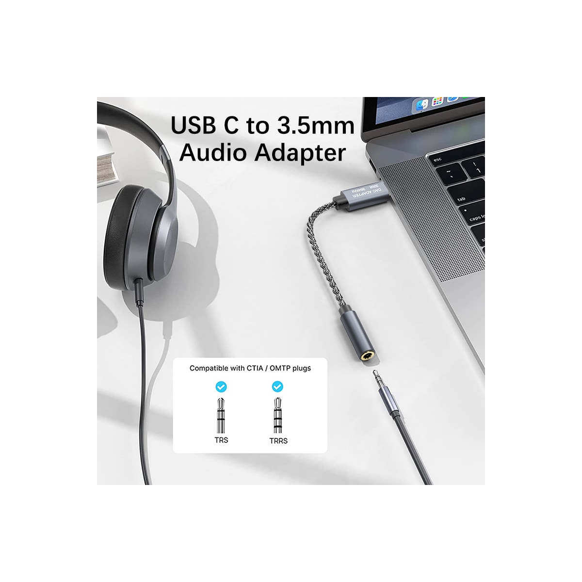 32bit / 384kHz USB-C til 3,5 mm lydadapterkabel DAC-adapter Grå