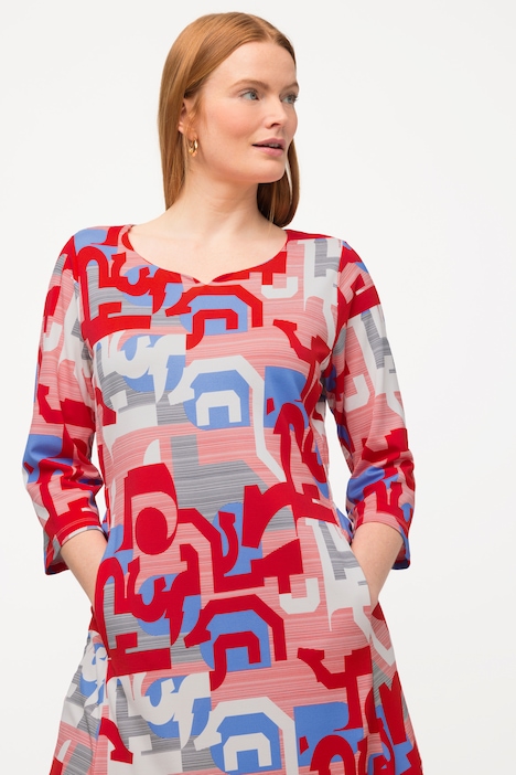 Midikleid, grafisches Design, Herzausschnitt, 3/4-Arm
