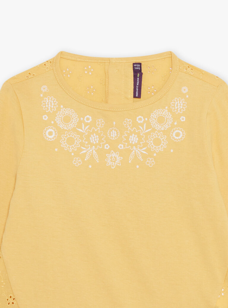 T-shirt jaune mimosa à broderies fleuries
