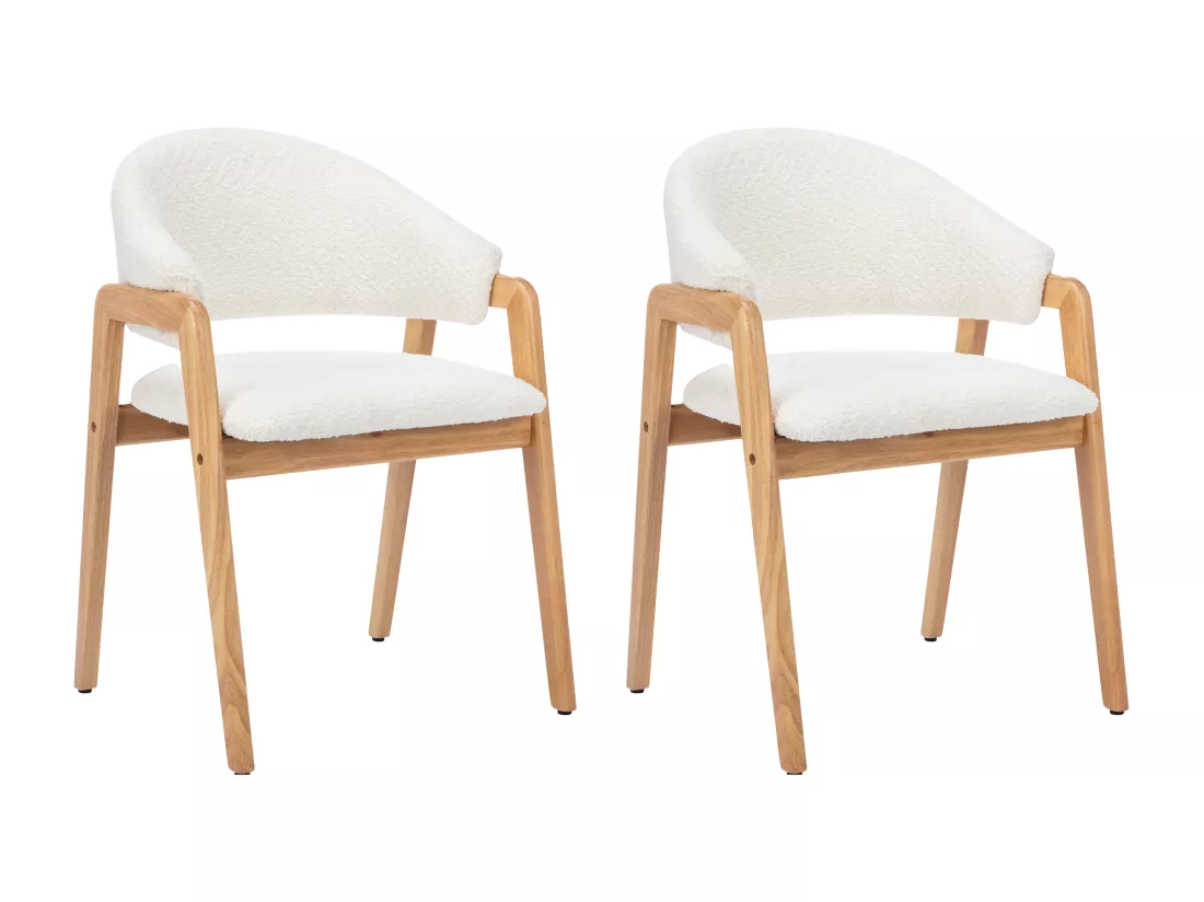 Lot de 2 chaises avec accoudoirs en tissu bouclette et bois d'hévéa - Blanc et naturel - SOLUNA