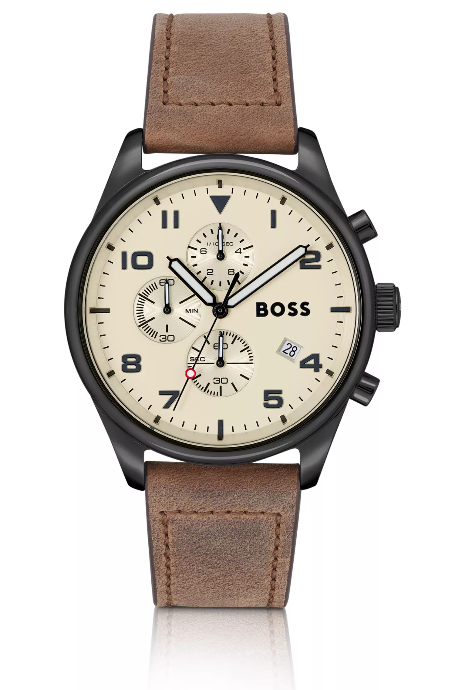 Relógio cronógrafo BOSS com pulseira de couro preta e mostrador bege.