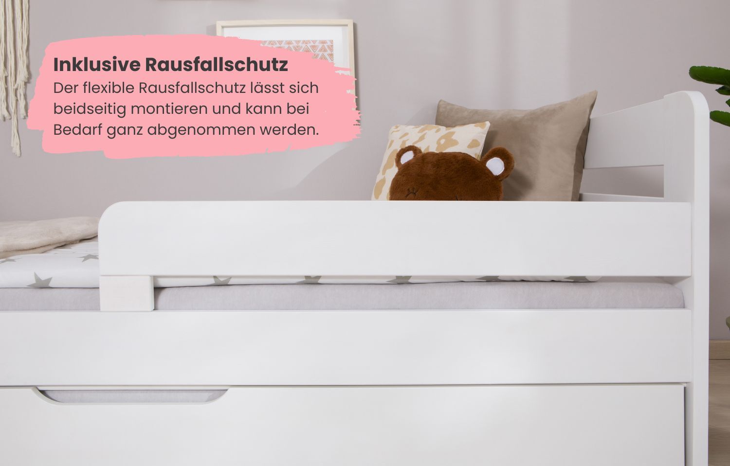 TiCAA Einzelbett Kinderbett Jugendbett, Bennet mit Zusatzbett Rausfallschutz & Lattenrost für Schlafzimmer, Kinderzimmer Kiefer Massivholz Bettgestell 90 x 200 cm