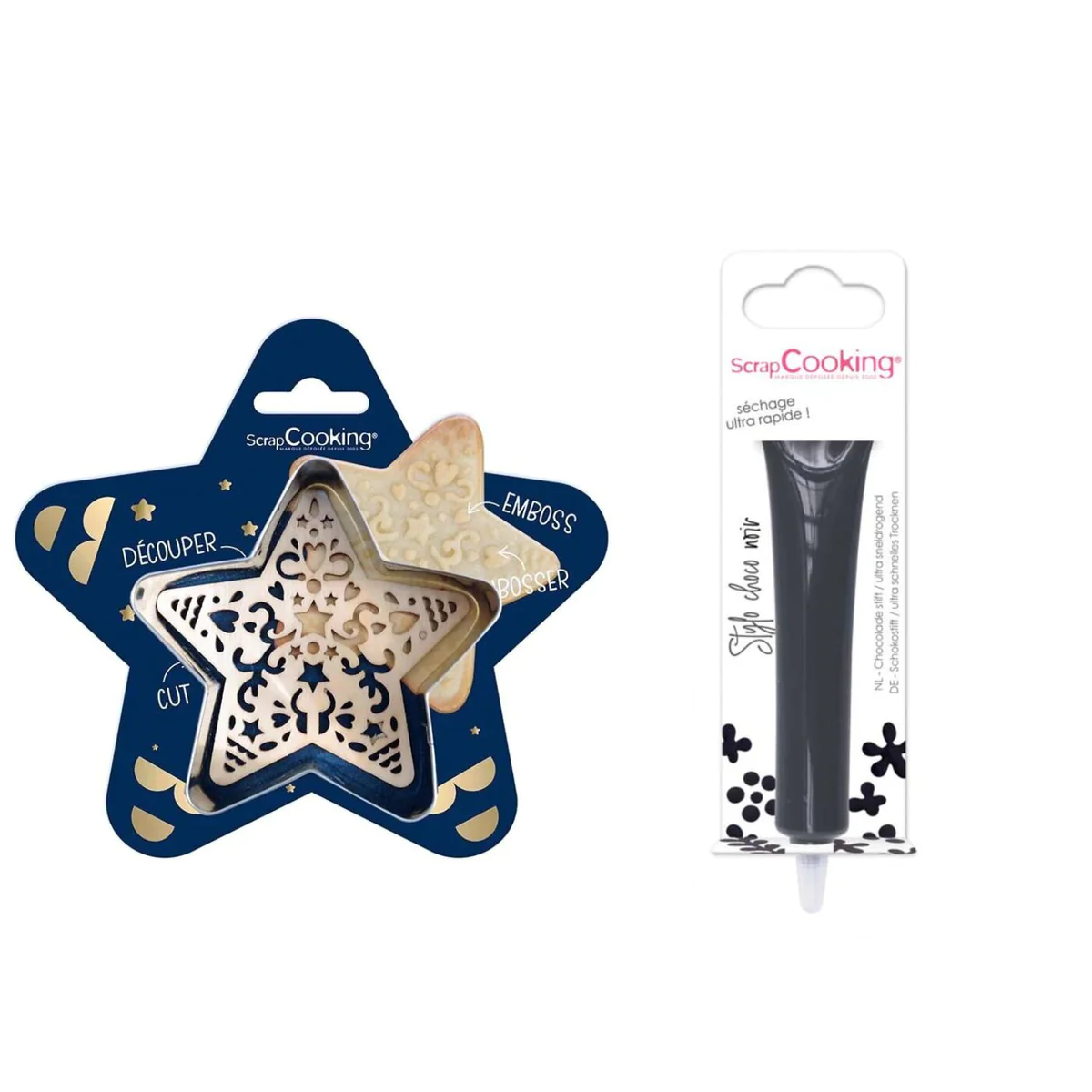 Kit pour biscuit en relief Étoile + Stylo au chocolat noir Scrapcookin