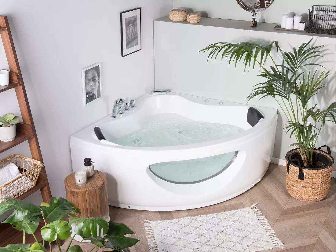 Baignoire d'angle blanche 190 x 138 cm avec LED TOCOA