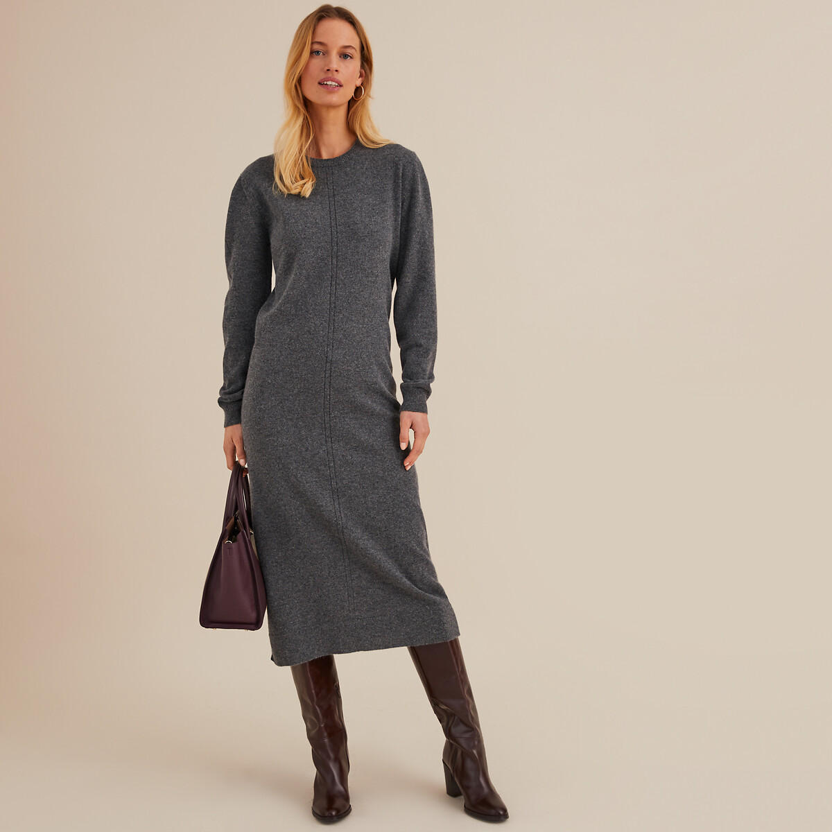 ANNE WEYBURN<br>Vestido reto de lã, mangas compridas