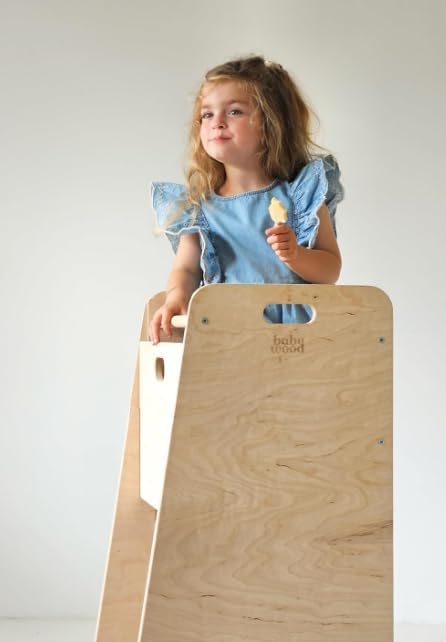 Lernturm aus Holz extra sicher | Montessori Küchenhelfer | Küchenhelfer | Verstellbare Plattform | Kitchen Helper | Sichere Küchenmöbel | Küchentreppe eingebettet (Natur)