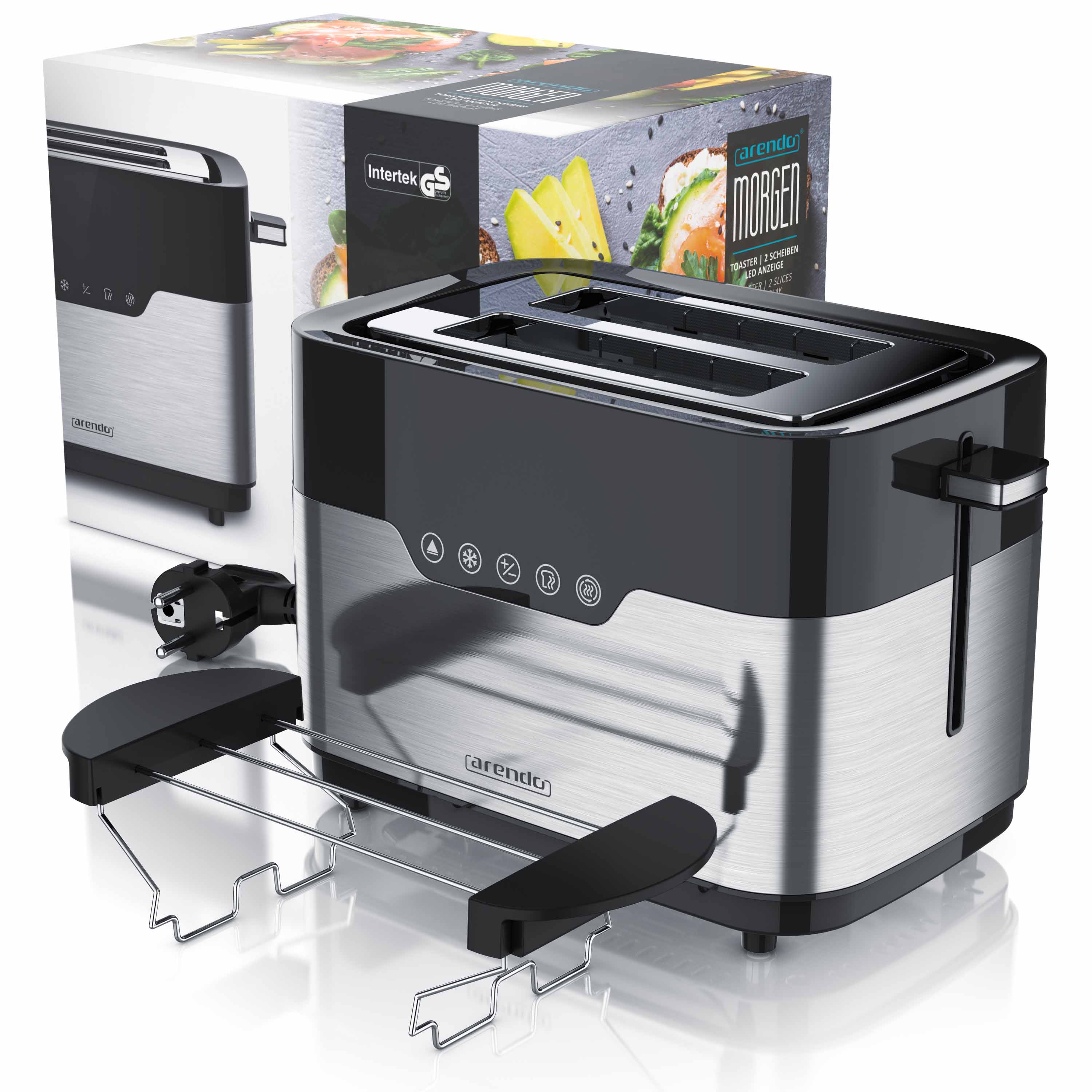 Arendo 2-Scheiben Toaster MORGEN Edelstahl, 920 W, mit extra breiten Schlitzen, Touchpanel mit LED-Anzeige, Schwarz/Silber