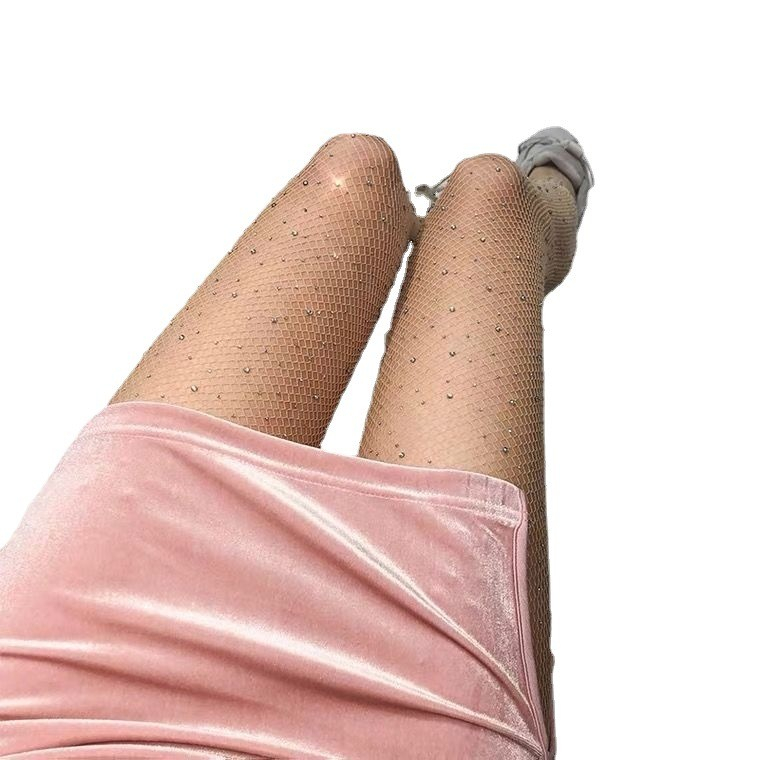 Glitzer Damen Strumpfhose Silvester Fashion Stretch Netzstrumpfhose mit Strass (OneSize) - Nude